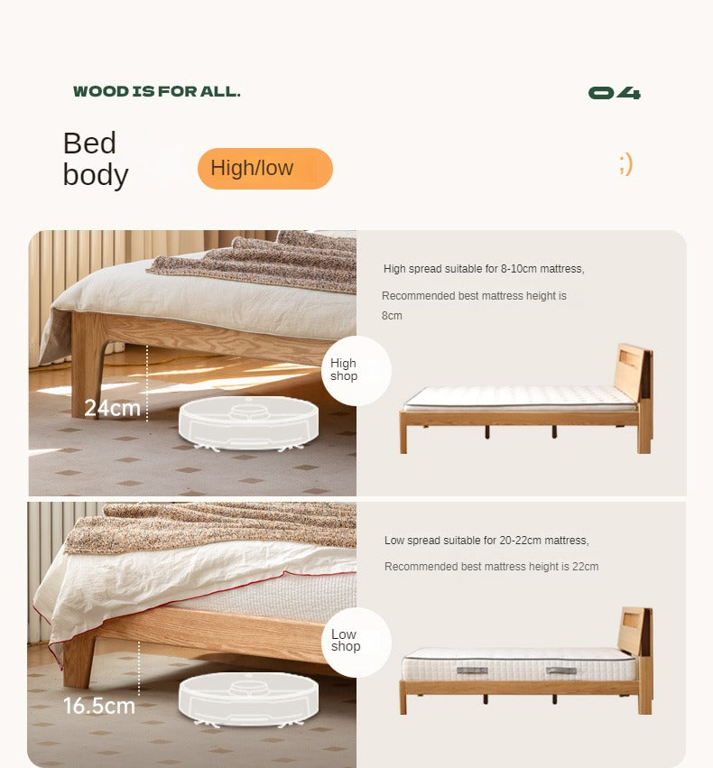 Solid Oak and Beech Wood Bed with Built-in LED Lights and Bookshelf - Modern Bedroom Furniture for Small Spaces, Lofts, and Studio Apartments