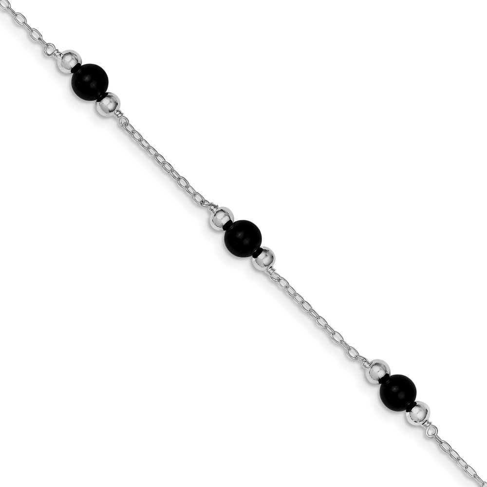Sterling Silver 9-Inch Polished Onyx Anklet for Women - Elegant Adjustable Ankle Bracelet for Casual Wear, Beach & Boho Style