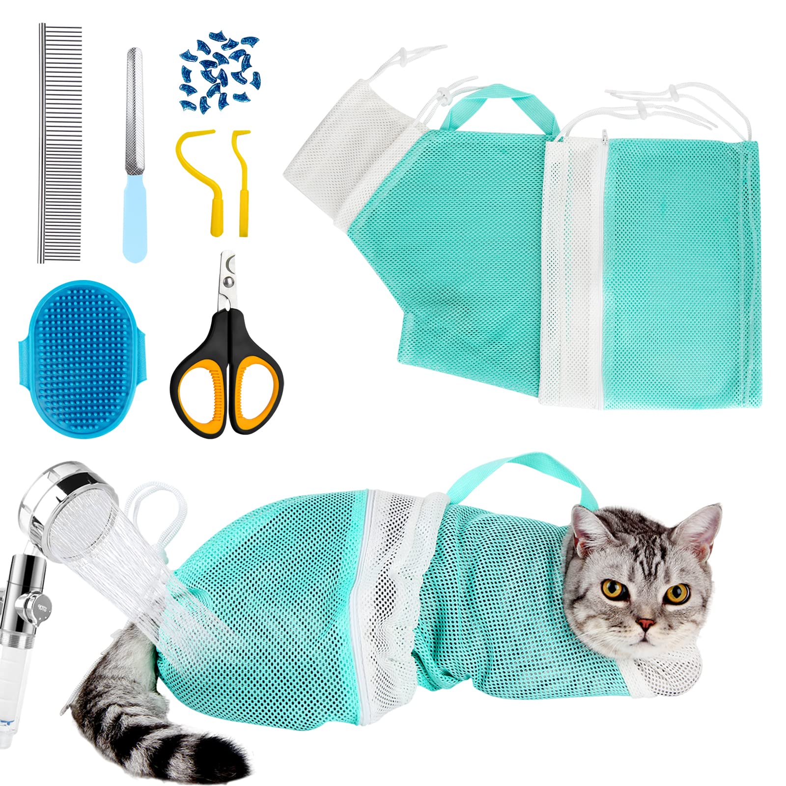 8-Piece Cat & Dog Grooming Kit - Adjustable Pet Shower Net Bag, Bath Brush, Nail Clippers, Nail File, Hair Combs, Tick Tool & Nail Caps - Essential Pet Bathing & Grooming Supplies for Home Use