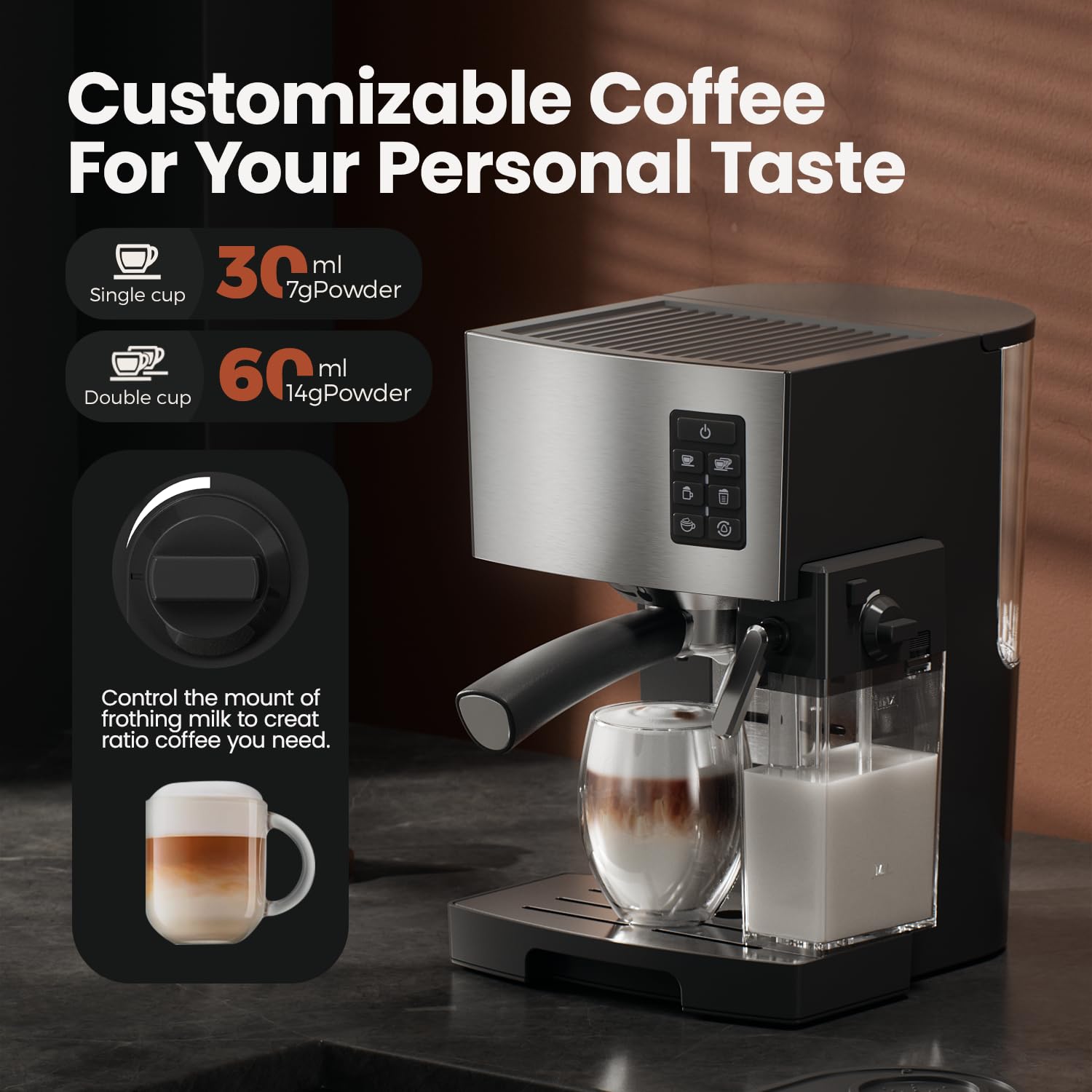 20 Bar Espresso Machine with Automatic Milk Frother - Professional Coffee Maker for Cappuccino & Latte at Home or Office (1250W) - Perfect for Breakfast, Entertaining Guests & Coffee Lovers