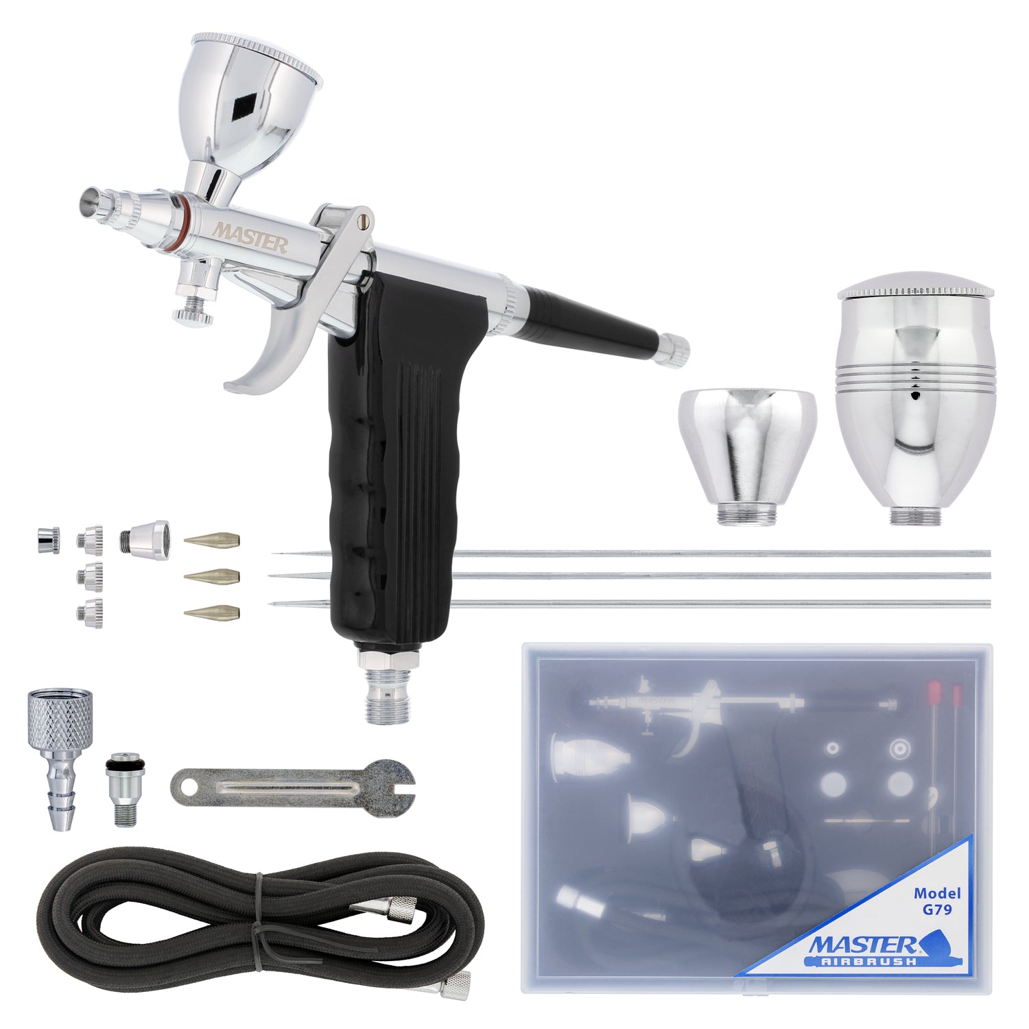 Master Hi Flow G79 All Purpose Pistol Trigger Gravity Feed Airbrush Set - 3 Nozzle Sets, 3 Cup Sizes & 6 ft. Air Hose for Painting, Crafting, and DIY Projects