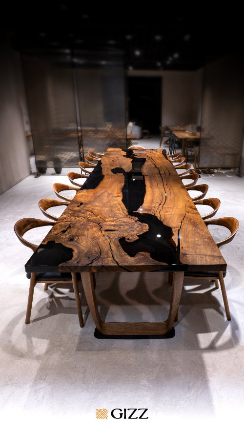 Epoxy Resin River Dining Table with Premium Walnut Wood Legs - Perfect for Modern Home Dining Room, Kitchen, and Office Spaces