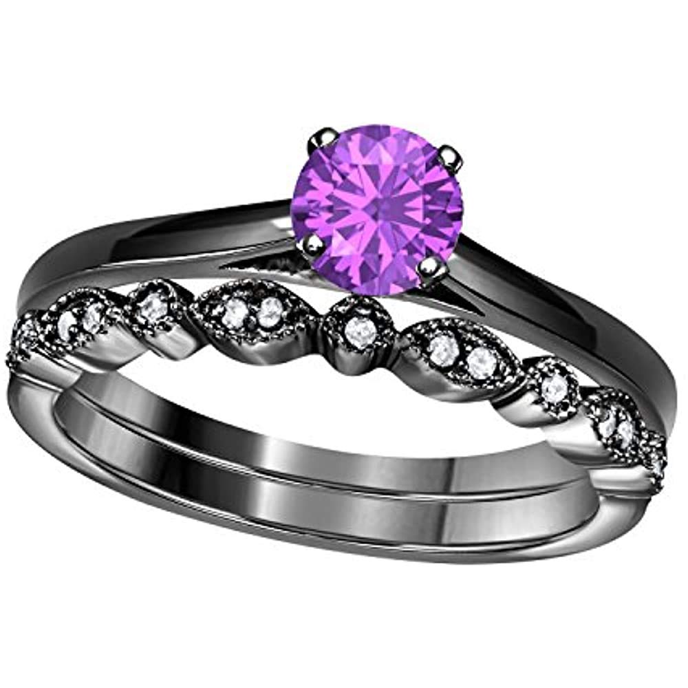 14K Black Gold & 925 Sterling Silver Round Cut Purple Amethyst Diamond Vintage Wedding Band & Engagement Ring Set for Women - Perfect for Bridal Jewelry, Anniversary Gifts & Special Occasions