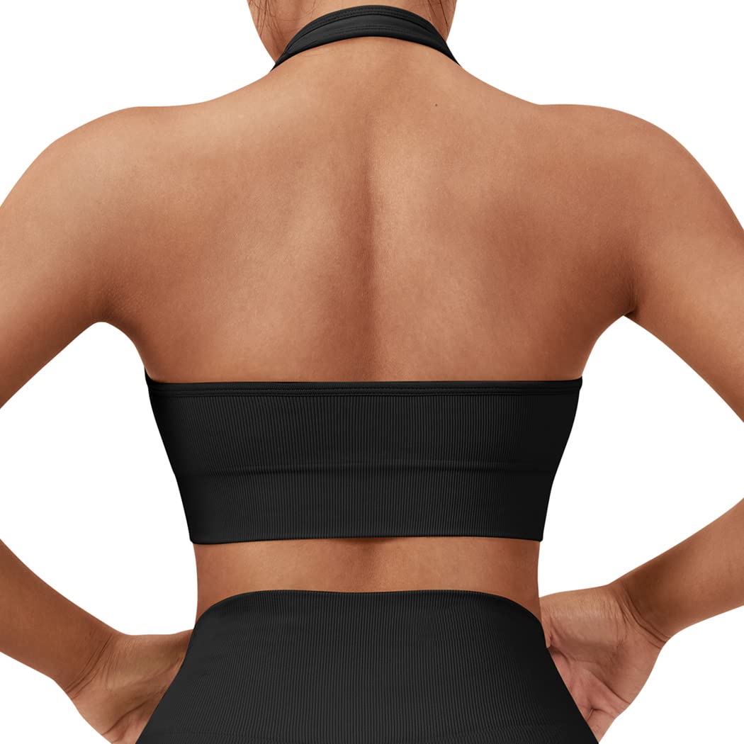 SUUKSESS Women's Seamless Halter Sports Bra - Open Back Padded Workout Crop Top for Yoga, Running & Gym - Breathable Comfort for Active Lifestyles
