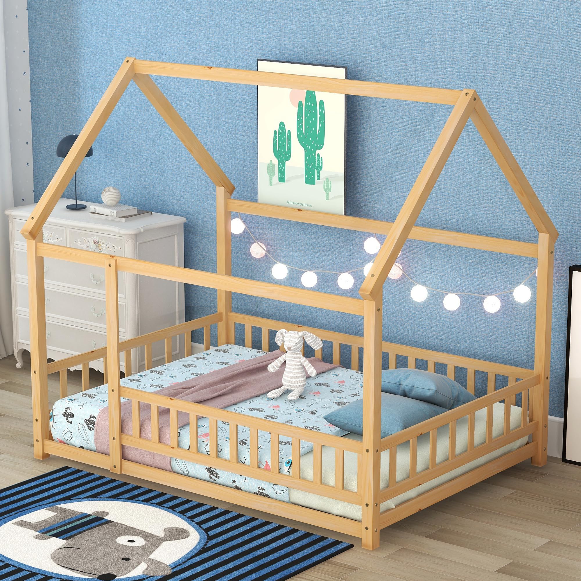 Bellemave Full Size House Bed for Kids - Solid Wood Montessori Floor Bed with Safety Fence & Playhouse Roof - Natural Wood Toddler Bed Frame for Girls & Boys - Perfect for Bedrooms, Playrooms & Montessori Learning Spaces