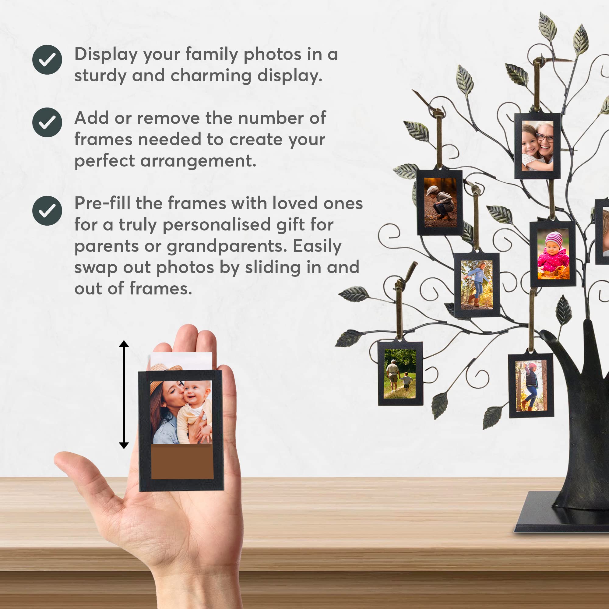 Family Tree Photo Frame - 10 Hanging Frames Wall Decor in Brushed Bronze for Home & Office