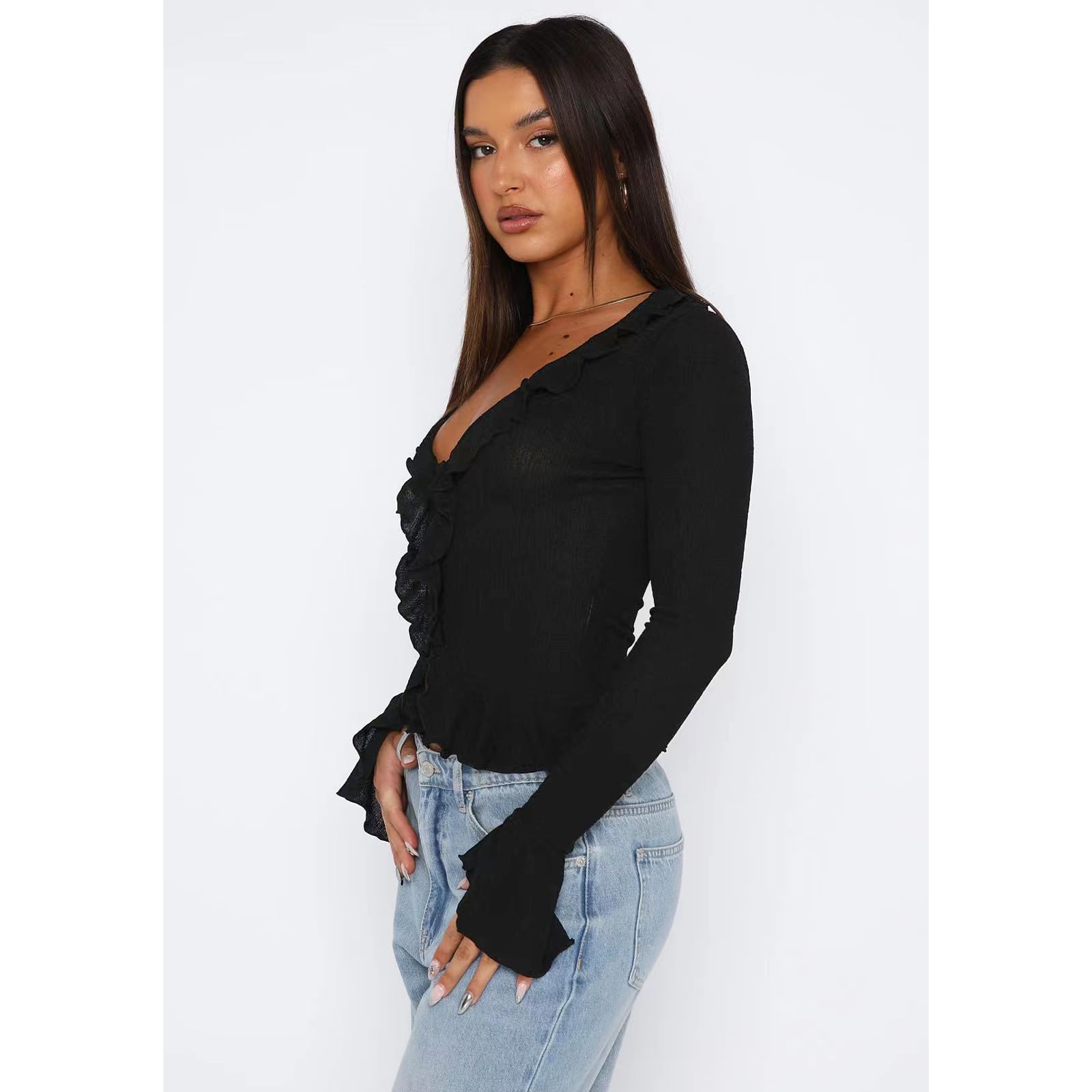 Y2K Women's Long Sleeve Deep V Neck Ruffle Crop Top - Sexy Blouse for Club, Streetwear & Going Out - Perfect for Nightlife, Parties & Fashion Outfits