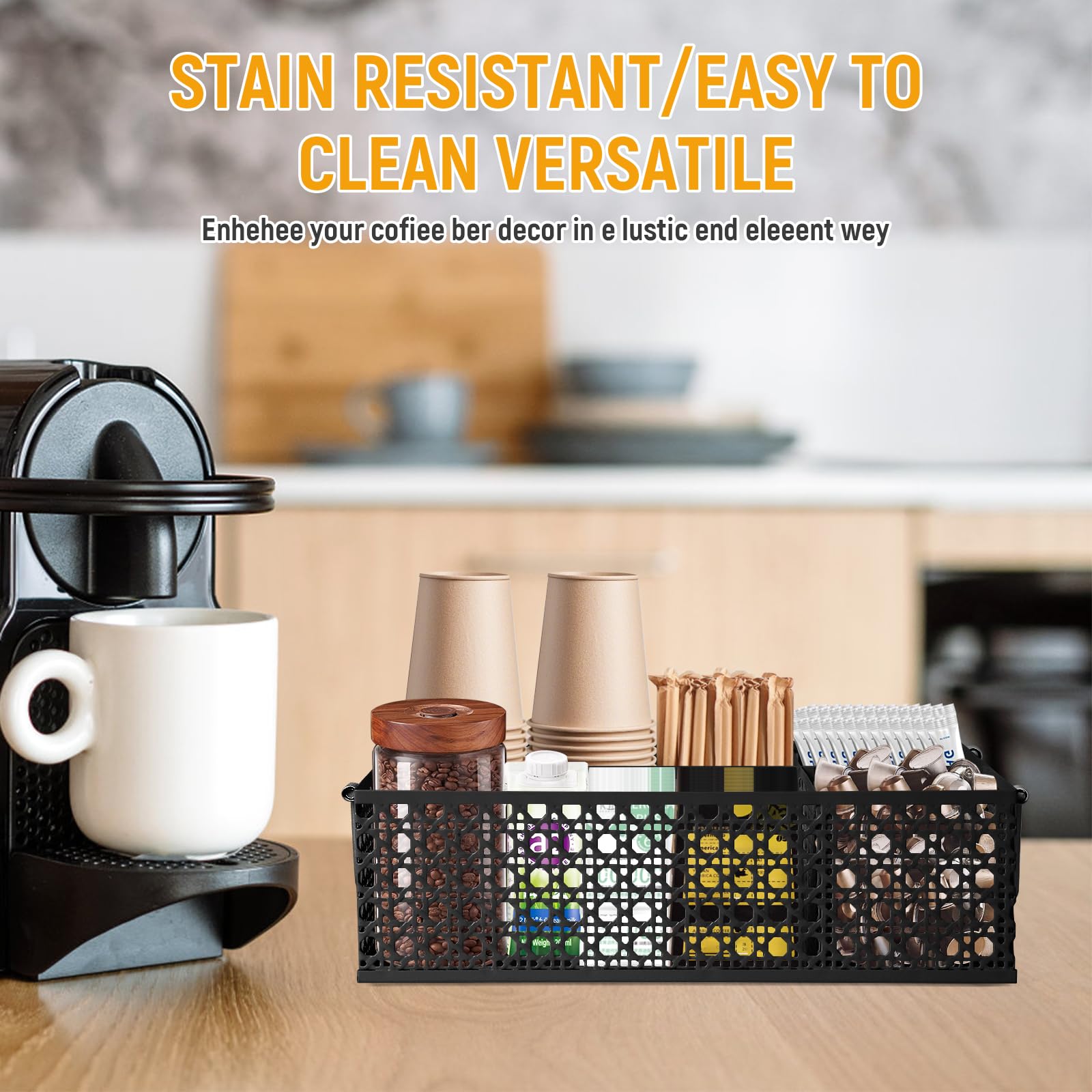 Metal Coffee Bar Organizer Countertop Station with Handles - Mesh Black Coffee Pod Holder for Keurig K-Cups, Tea & Condiments - Perfect for Kitchen Counter, Office Breakroom & Coffee Shop Organization