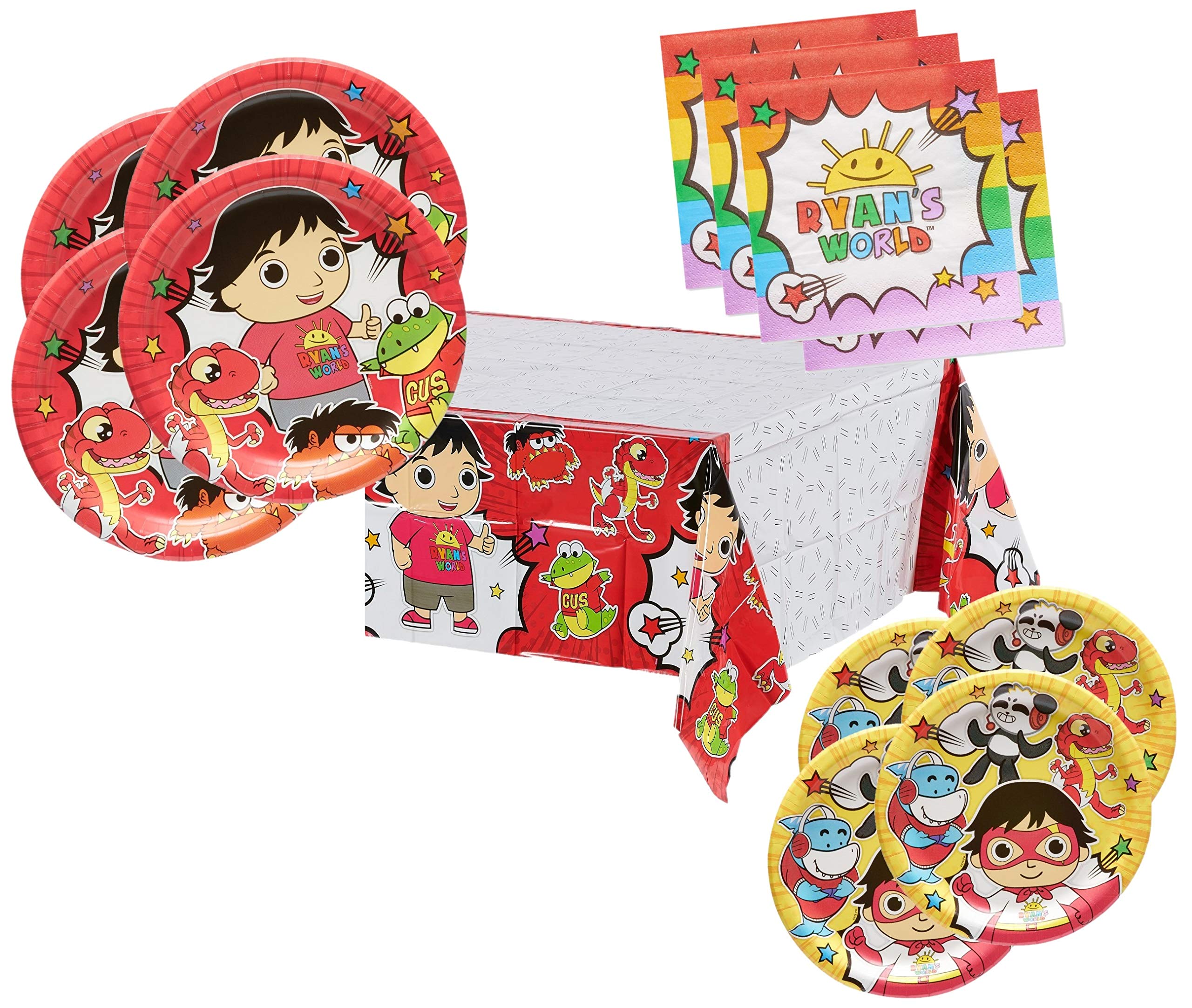 Ryan’s World Party Pack - 16-Piece Tableware Set for Kids Birthday Party (Includes 16 Dinner Plates, 16 Dessert Plates, 16 Napkins + Table Cover) - Perfect for Themed Birthday Parties, Family Gatherings & Special Events