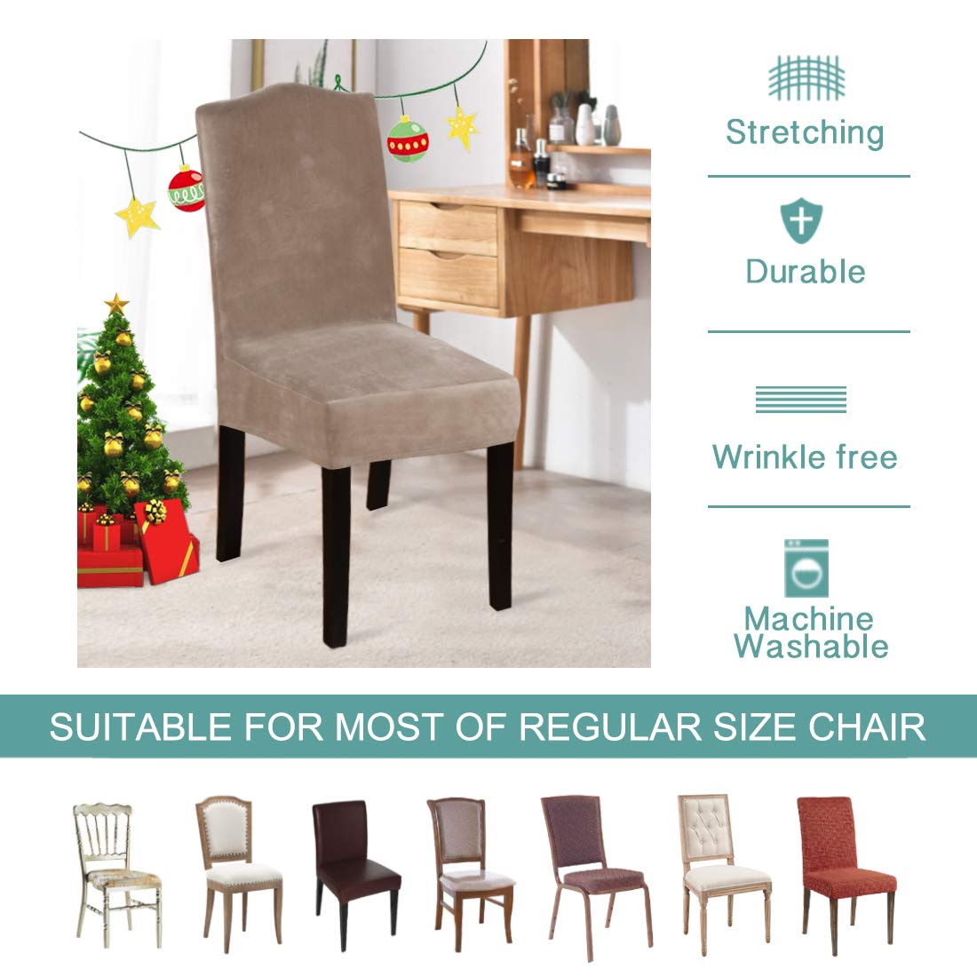 Luxury Velvet Dining Chair Covers Set of 6 - Turquoise Removable Slipcovers for Parson Chairs, Kitchen & Banquet - Washable Stretch Fabric for Home, Hotel & Wedding Ceremonies (Taupe, 6-Pack) - Perfect for Formal Dining, Restaurant Decor & Special Events