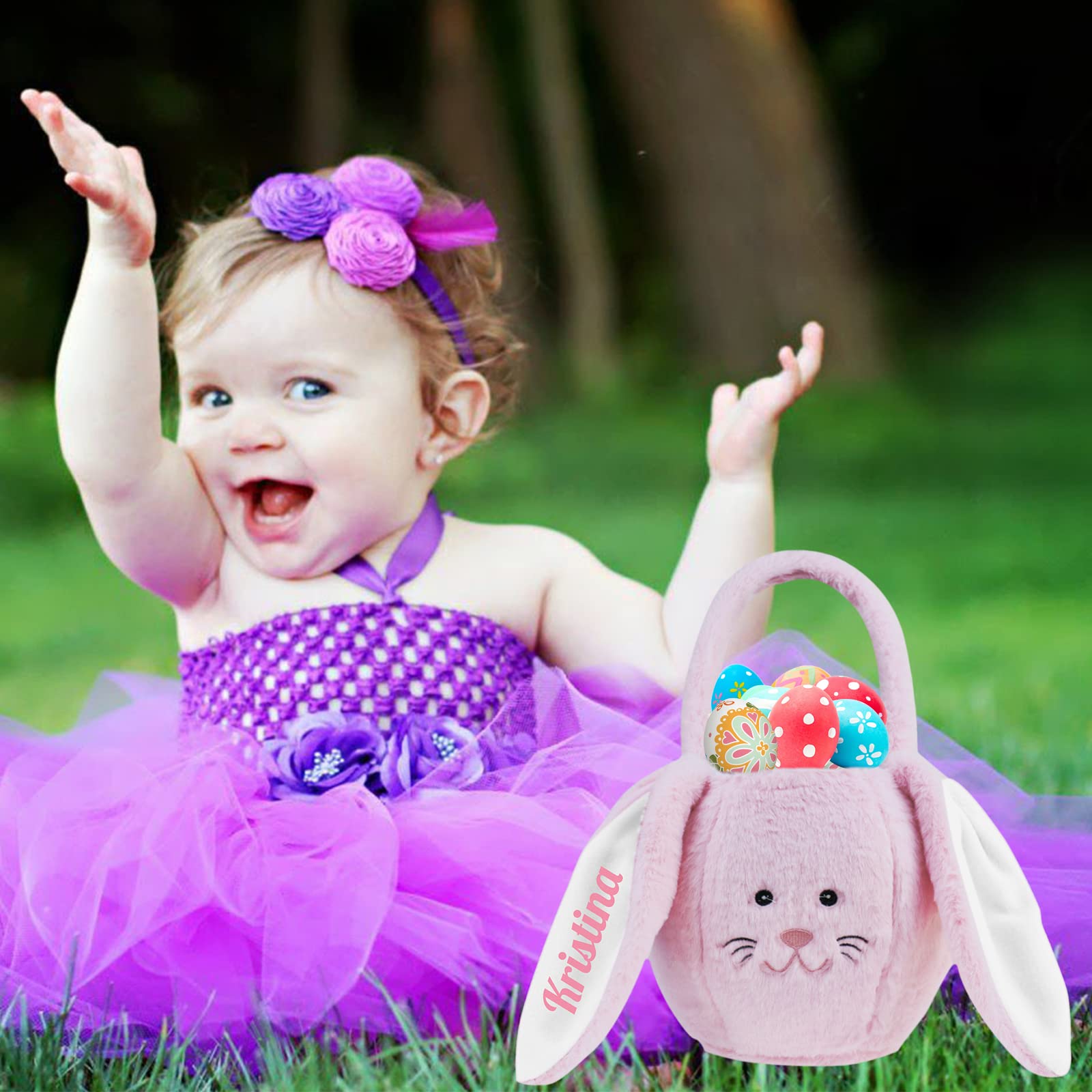 Personalized Easter Basket with Name - Custom Plush Bunny Ears Easter Basket for Kids - Egg Bags & Candy Gift for Baby Boys & Girls (Pink) - Perfect for Easter Egg Hunts, Birthday Gifts & Spring Celebrations