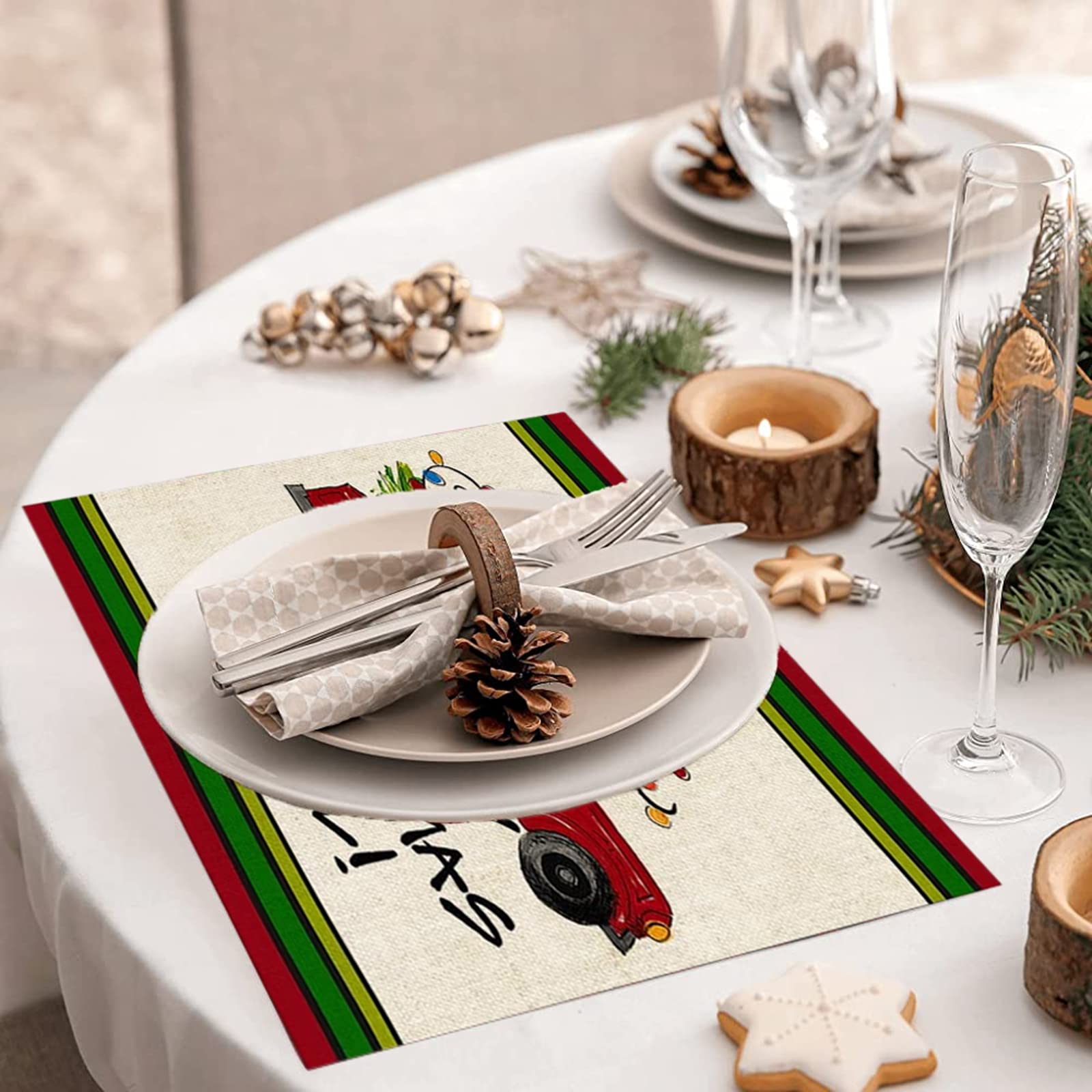 Jesmacti Christmas Placemats Set of 4 - 18x12 Inch Holiday Table Mats with Red Truck & Tree Design - Festive Dining Decor for Christmas Parties, Family Gatherings & Seasonal Home Styling