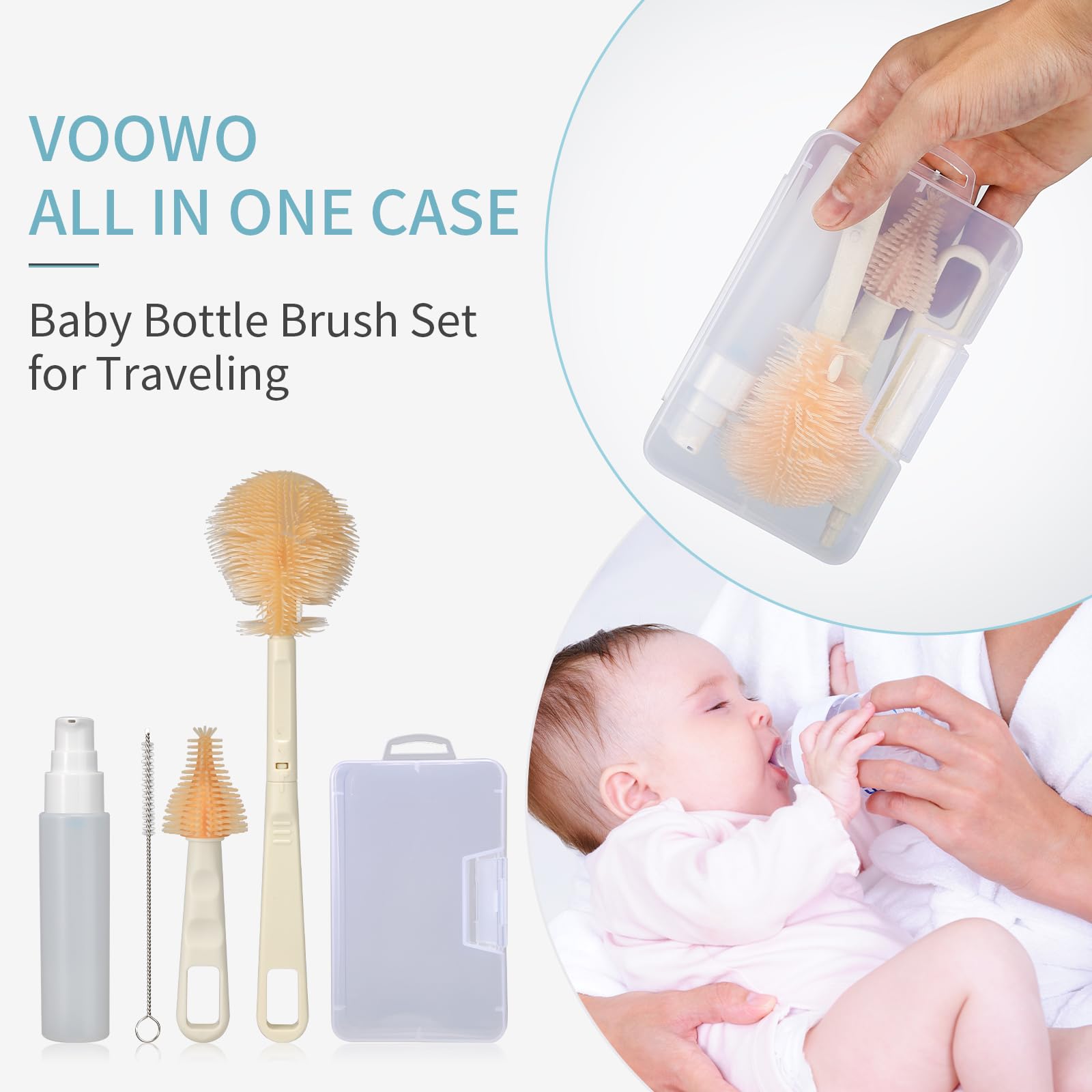 **VOOWO Baby Bottle Brush Set - Silicone Travel Bottle Cleaner Kit with Nipple Brush, Straw Cleaner & Soap Dispenser | Perfect for On-the-Go Parents & Baby Feeding Essentials (White)**
