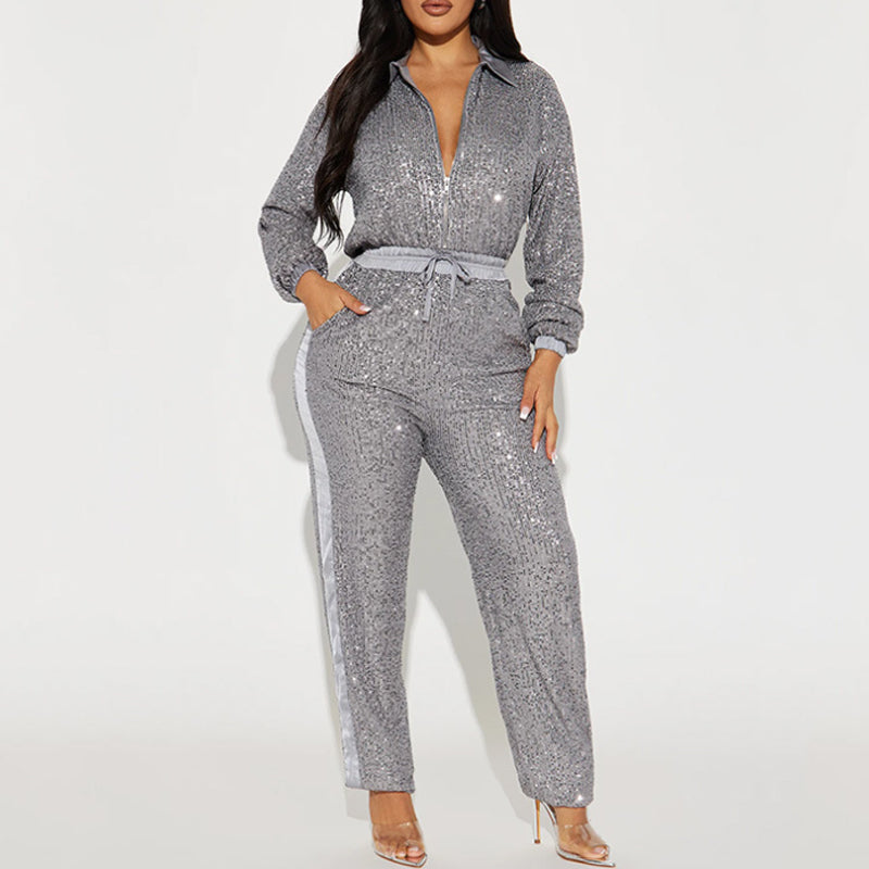 Sexy Sequined Deep V-Neck Jumpsuit for Women - Sparkly Party Outfit for Nightclub, Evening Events & Special Occasions