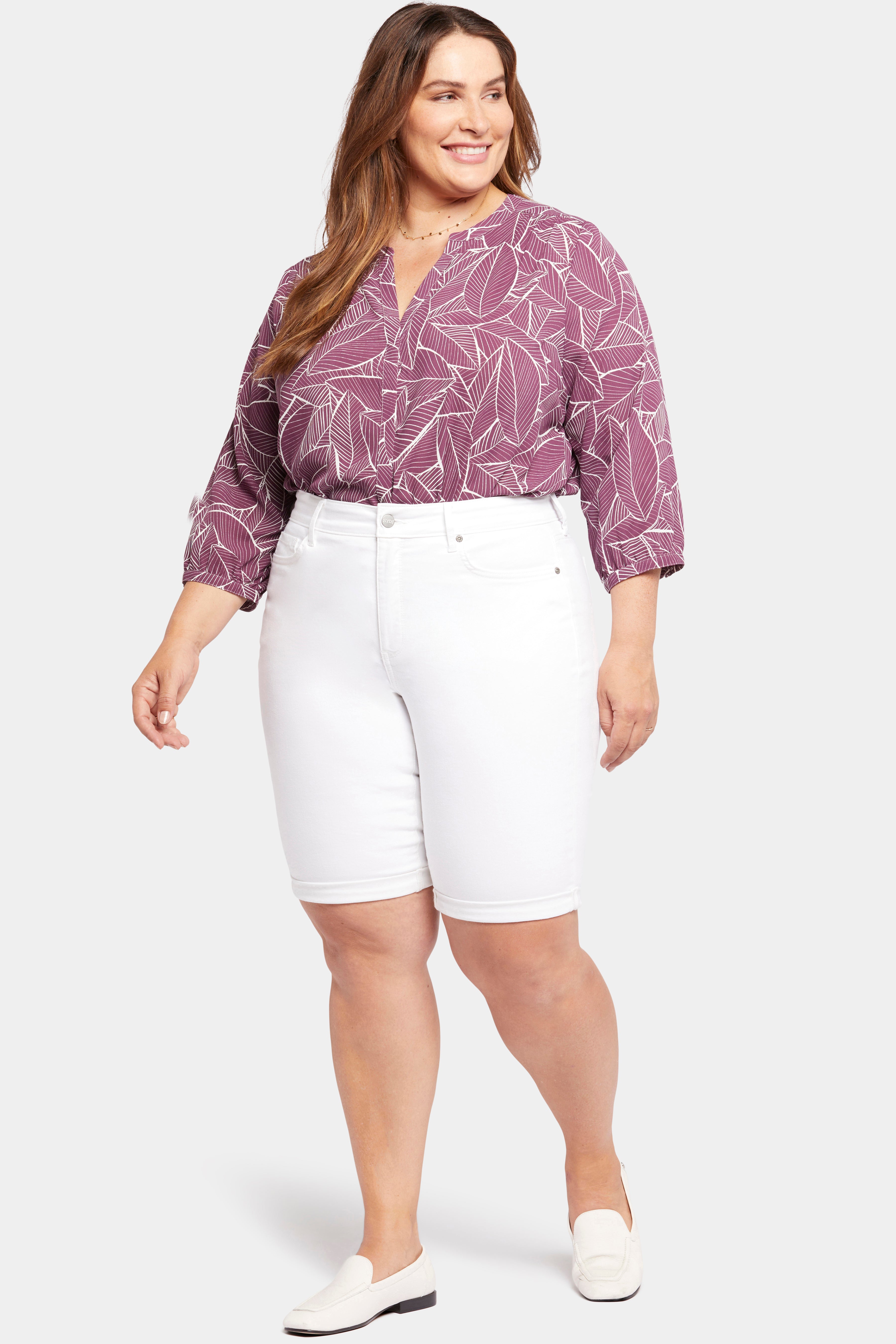 Briella 11 Inch Plus Size Denim Shorts for Women - High Waisted Stretch Jeans Shorts in Optic White | Perfect for Summer, Beach, and Casual Outfits
