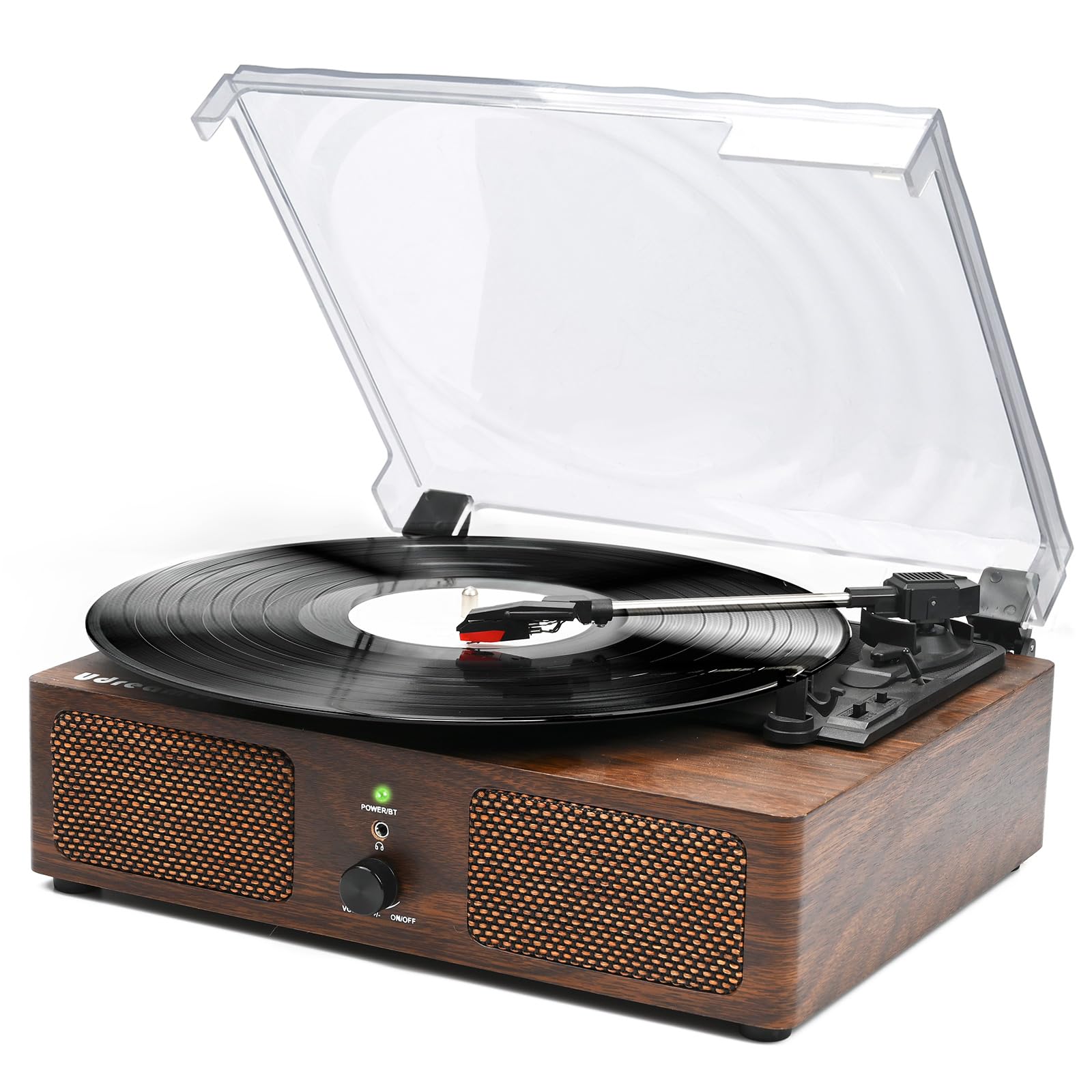 Udreamer Vintage Vinyl Turntable with Bluetooth & Built-in Speakers - 3-Speed Belt Drive Phonograph in Coffee Wood Finish | Perfect for Home Entertainment, Record Collecting & Retro Decor