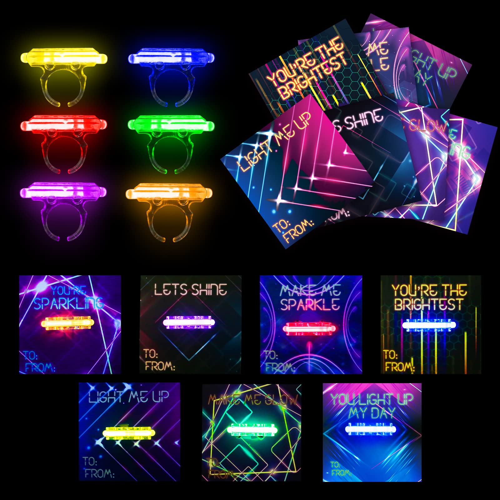 Valentine's Day Cards for Kids - 28 Glow Stick Rings & Valentine's Cards for Classroom Gift Exchange, Party Favors, Prizes for Boys & Girls | Perfect for School Valentine's Parties & Classroom Activities