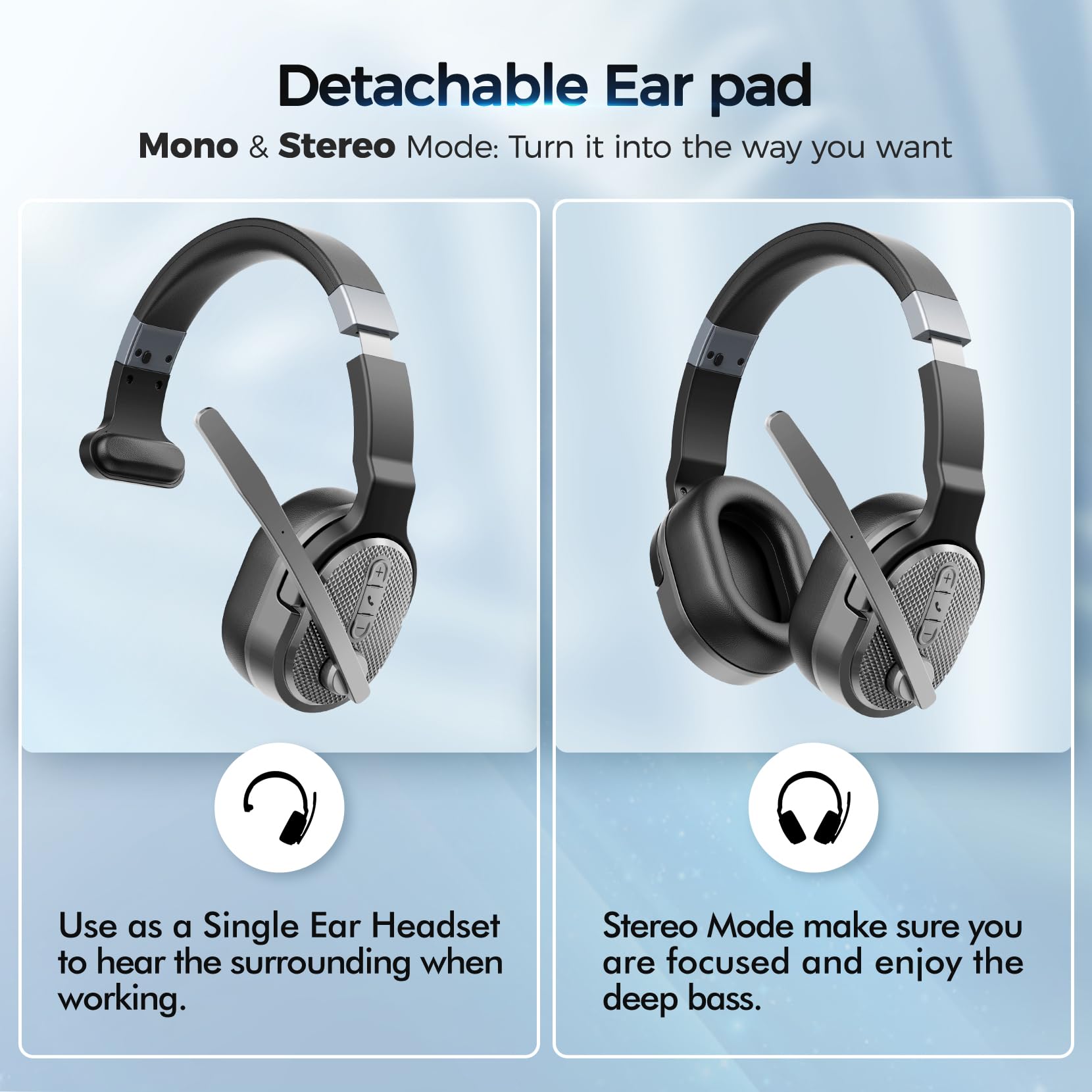 Wireless Bluetooth Headset with Noise Cancelling Microphone - 50+ Hours HD Talk Time, Detachable Earpad, Single/Dual Mode - Perfect for Truck Drivers, Office Work, Home Use & Long Driving Sessions (Silver)