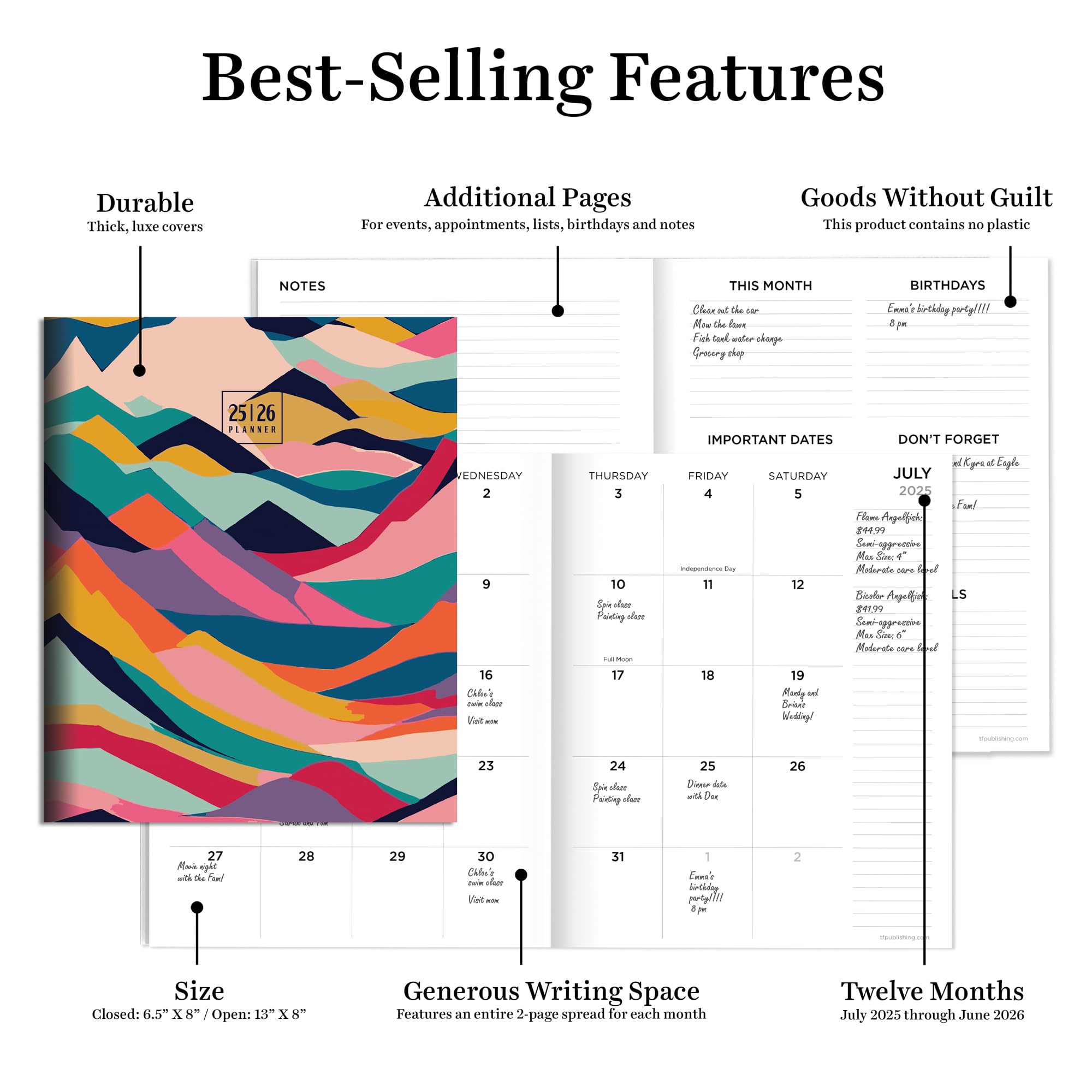 TF Publishing July 2025 - June 2026 Academic Planner | Medium Monthly Planner with 2-Page Spreads & Planning Prompts | 6.5