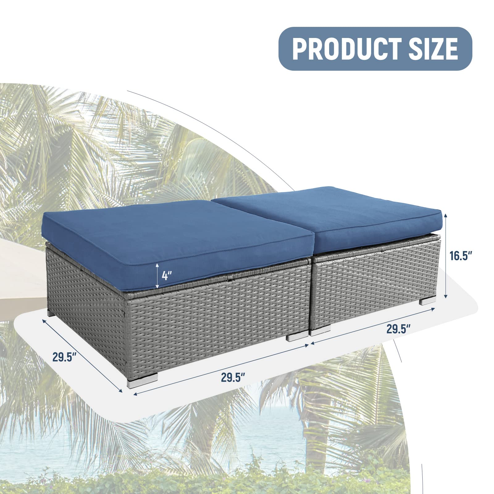 2-Piece Outdoor Ottoman Set - All-Weather Grey Wicker Footstool with Removable Cushions, Patio Rattan Footrest Seat for Balcony, Backyard & Garden - Perfect for Relaxing, Entertaining & Outdoor Lounging (Denim Blue)
