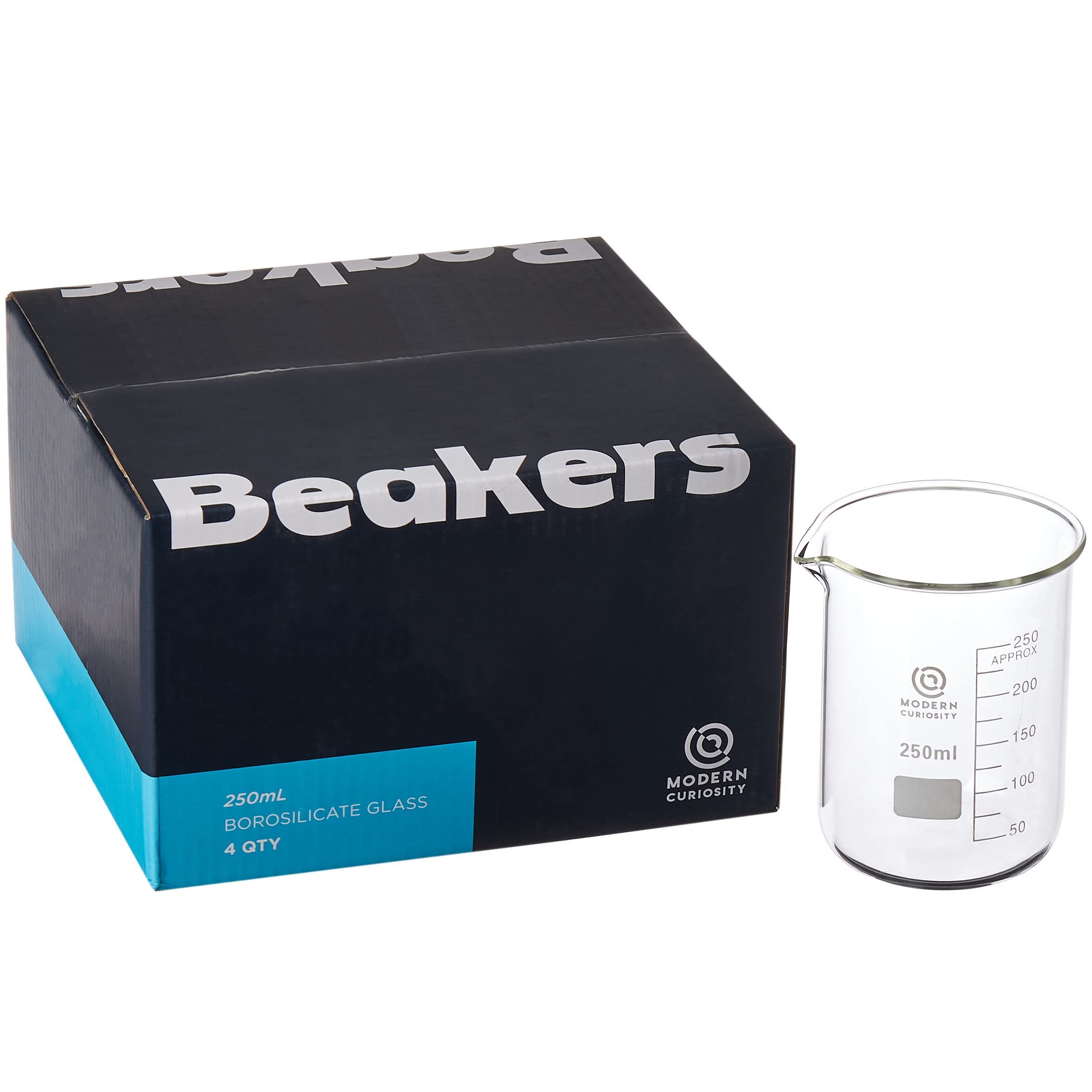 Borosilicate Glass Beakers Set - 250mL, 4-Pack - Durable Chemistry Lab Equipment for Science Education, Research, and Industrial Labs - Ideal for Classroom Experiments and Academic Studies