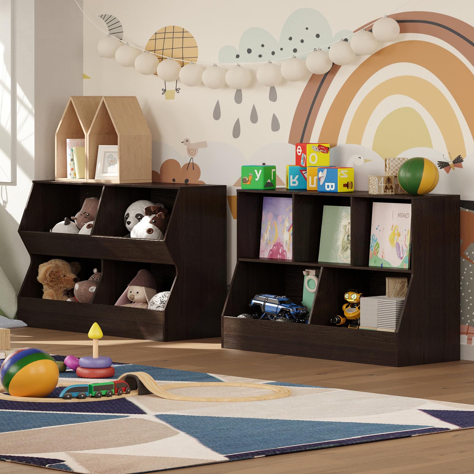 DINZI LVJ 5-Cubby Wooden Toy Storage Organizer & Kids Bookshelf - Espresso Toy Cabinet & Bookcase for Playroom, Bedroom, Nursery - 43.3