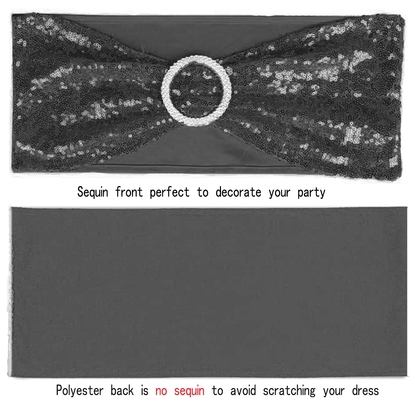 10 PCS Stretch Sequin Chair Sashes - Elastic Spandex Bands for Wedding, Reception, Banquet & Party Chair Decorations (Black) | Elegant Table Setting & Event Decor Accessories