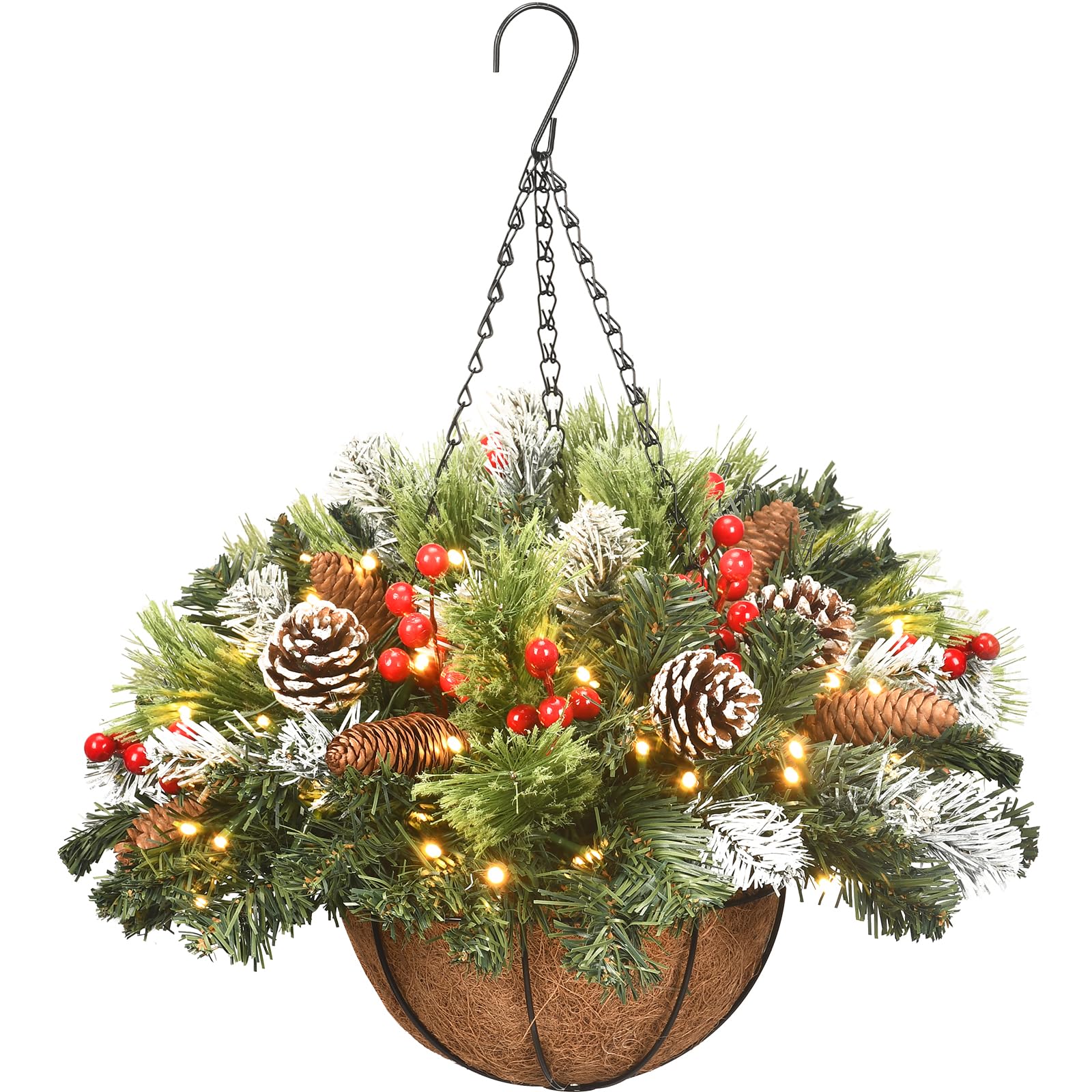 30 LED Artificial Christmas Hanging Basket with Berry Clusters - 20 Inch Outdoor Christmas Decor for Front Porch, Garden & Patio | Perfect for Holiday Parties & Festive Home Decoration