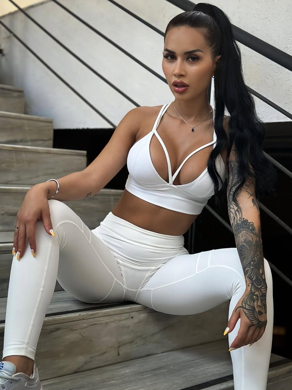 ZASUWA Women's Sexy Push Up Tracksuit Set - Cross Back Design & Juicy White Color for Gym, Workout & Casual Wear