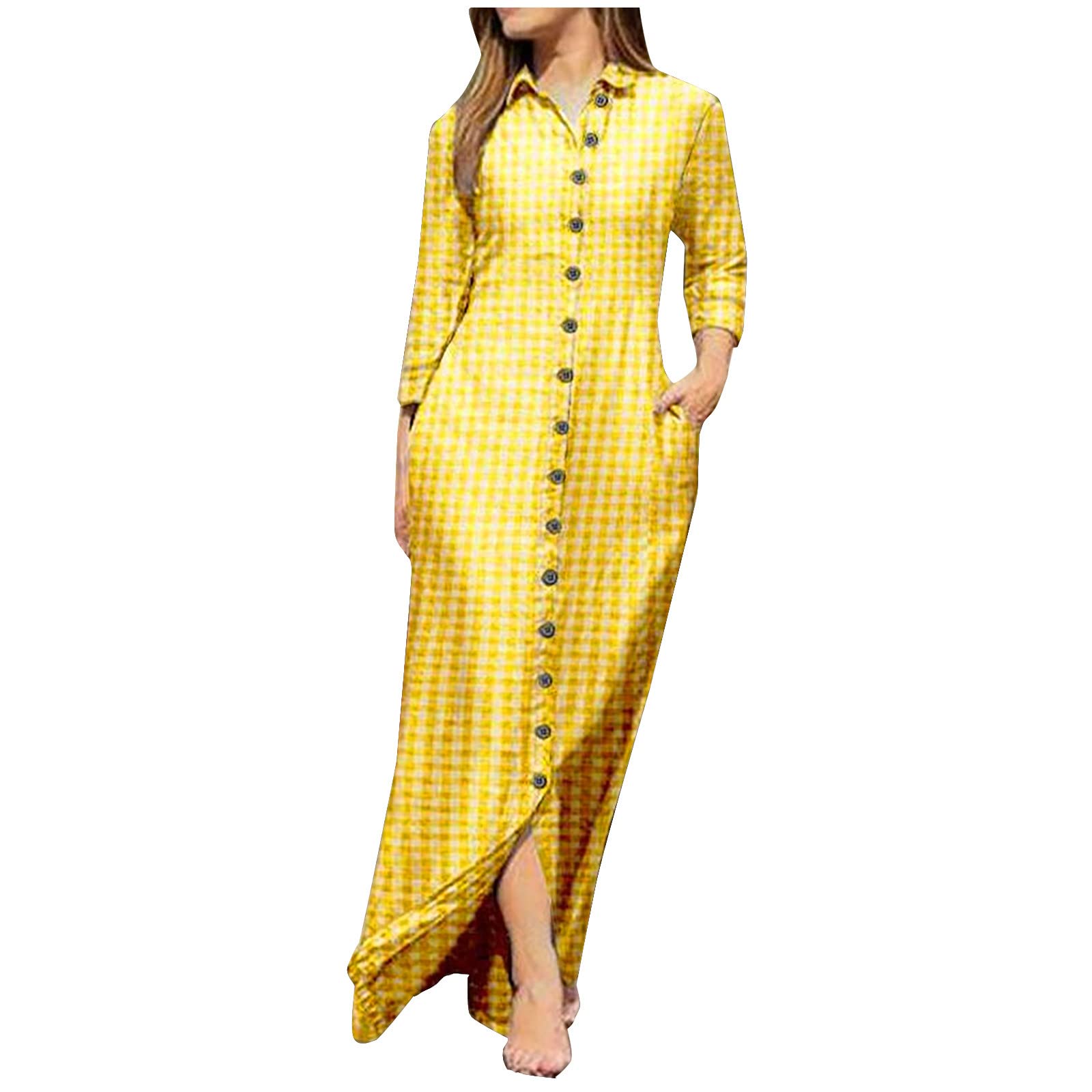 BmkBWO Women's Long Sleeve Lapel Button Down Maxi Dress - Gingham Print Summer & Spring Casual Shirt Dress for Beach, Vacation, and Everyday Wear