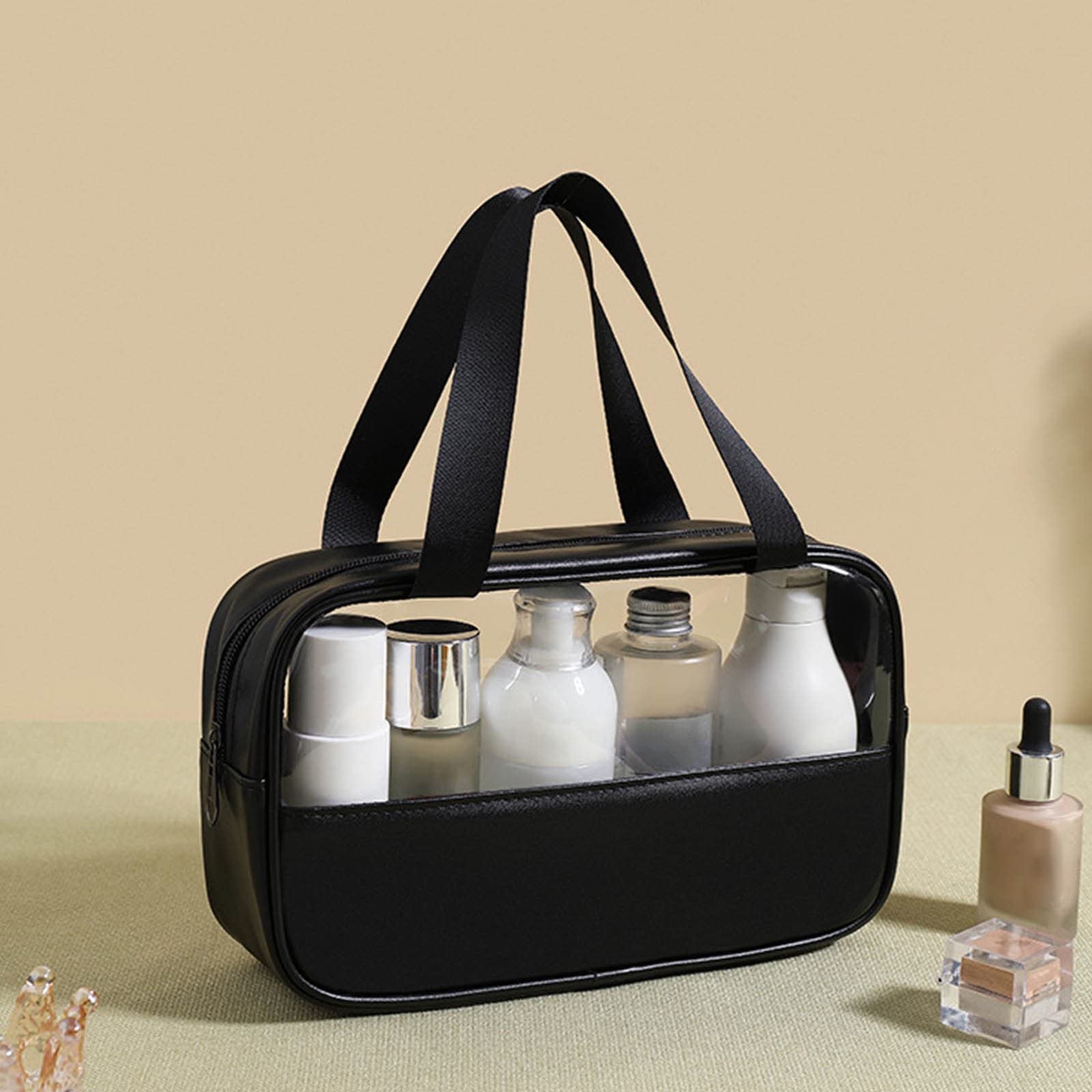 Waterproof Clear PVC & Candy Color Patchwork Zippered Tote Bag - Portable Travel Cosmetic Bag for Bathroom Essentials, Gym & Beach (Black) | Ameedarshan Healthy Choice