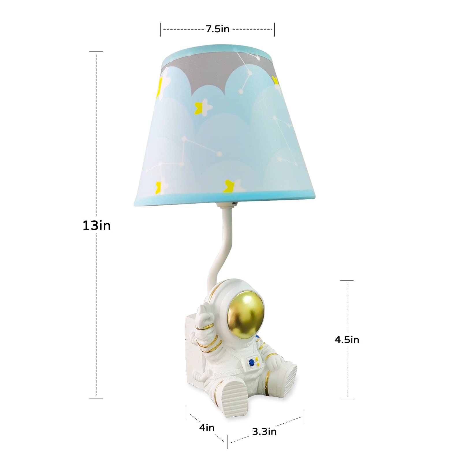 Golden Astronaut Table Lamp for Kids - 13 Inch LED Bedside Lamp with Barrel Shade, Space-Themed Night Light for Children's Bedroom Decor | Perfect for Reading, Study, and Nursery Room Ambiance