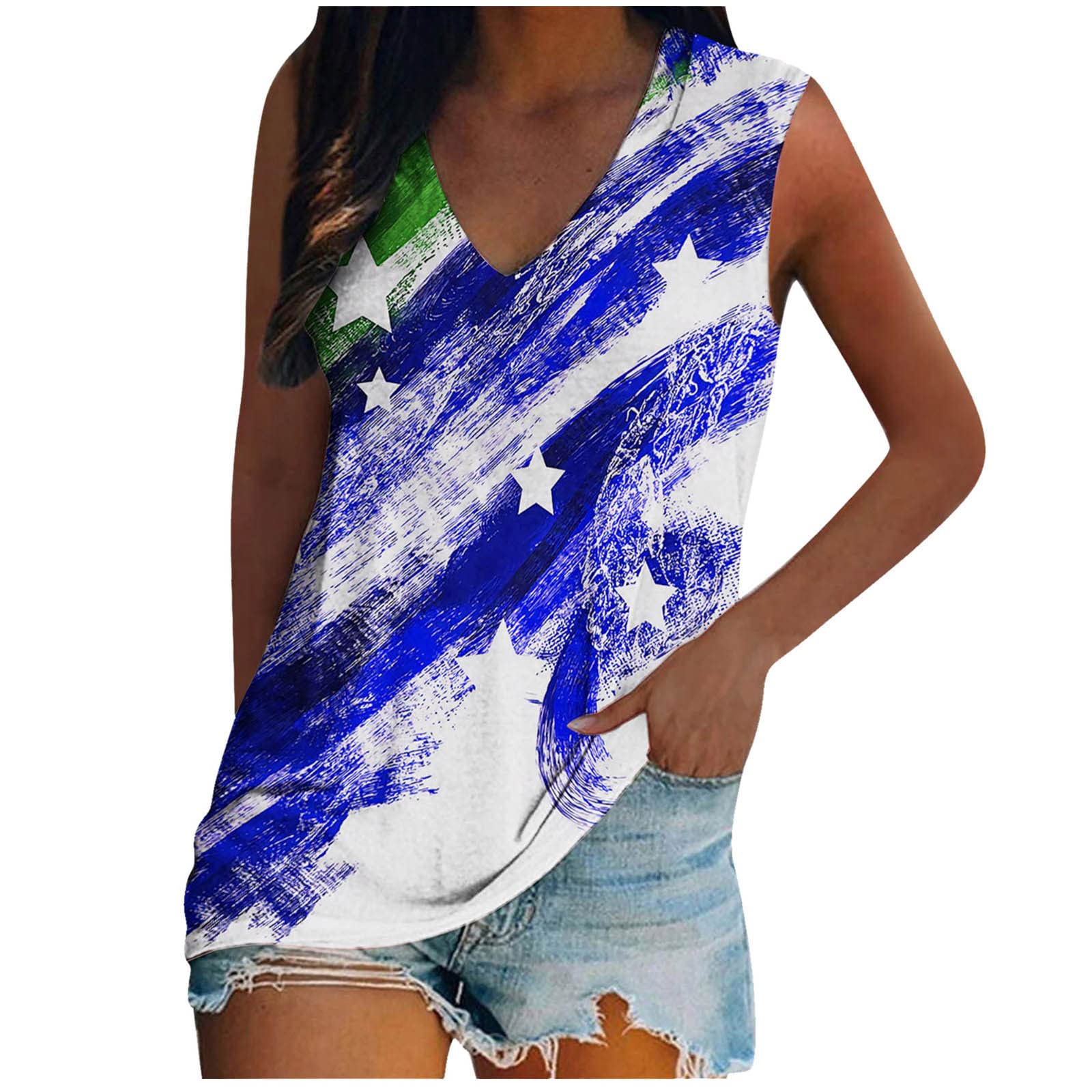 Women's Summer V-Neck Tank Tops - Cute Sleeveless Loose Fit Printed T-Shirts for 4th of July Outfits & Casual Wear | Trendy Vacation, Beach, and Party Tops