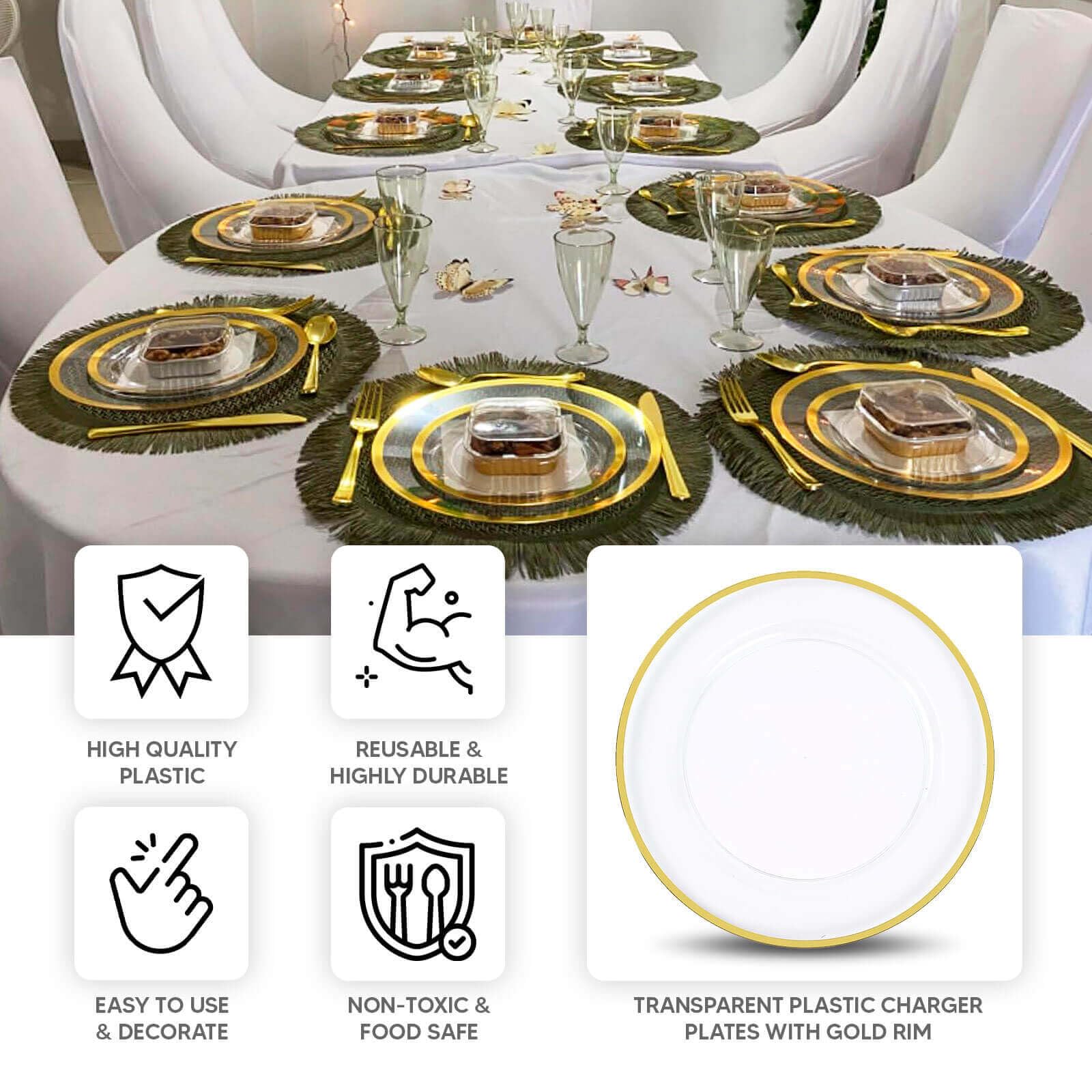Efavormart 10 Pack 12 Inch Gold Rim Clear Heavy Duty Plastic Serving Trays - Disposable Charger Plates for Weddings, Parties & Catering - Elegant Tableware for Buffet, Dessert & Appetizer Serving