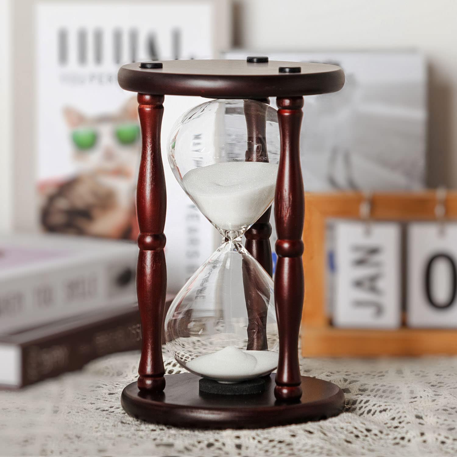 60 Minute Black Wooden Hourglass Timer with White Sand - Elegant Decorative Sandglass for Home Office, Meditation, Yoga & Classroom Time Management