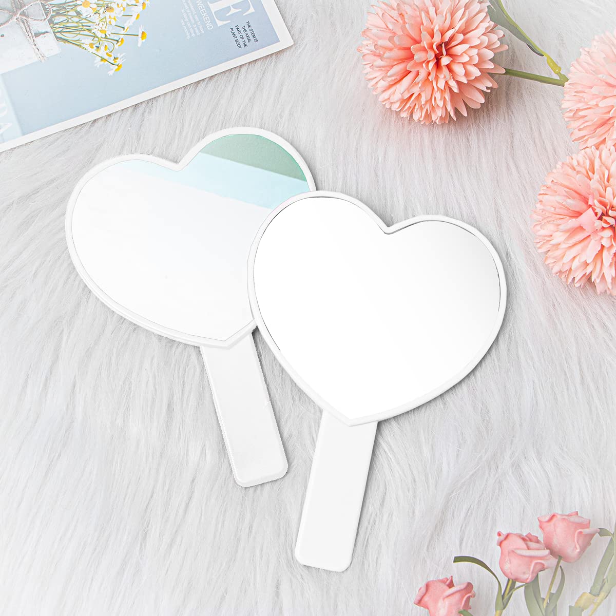 2PCS Heart-Shaped Makeup Mirror with Handle - Portable Travel Cosmetic Mirror for Women, Personal Handheld Vanity Mirror (White) - Perfect for Home, Travel, and Gift Giving