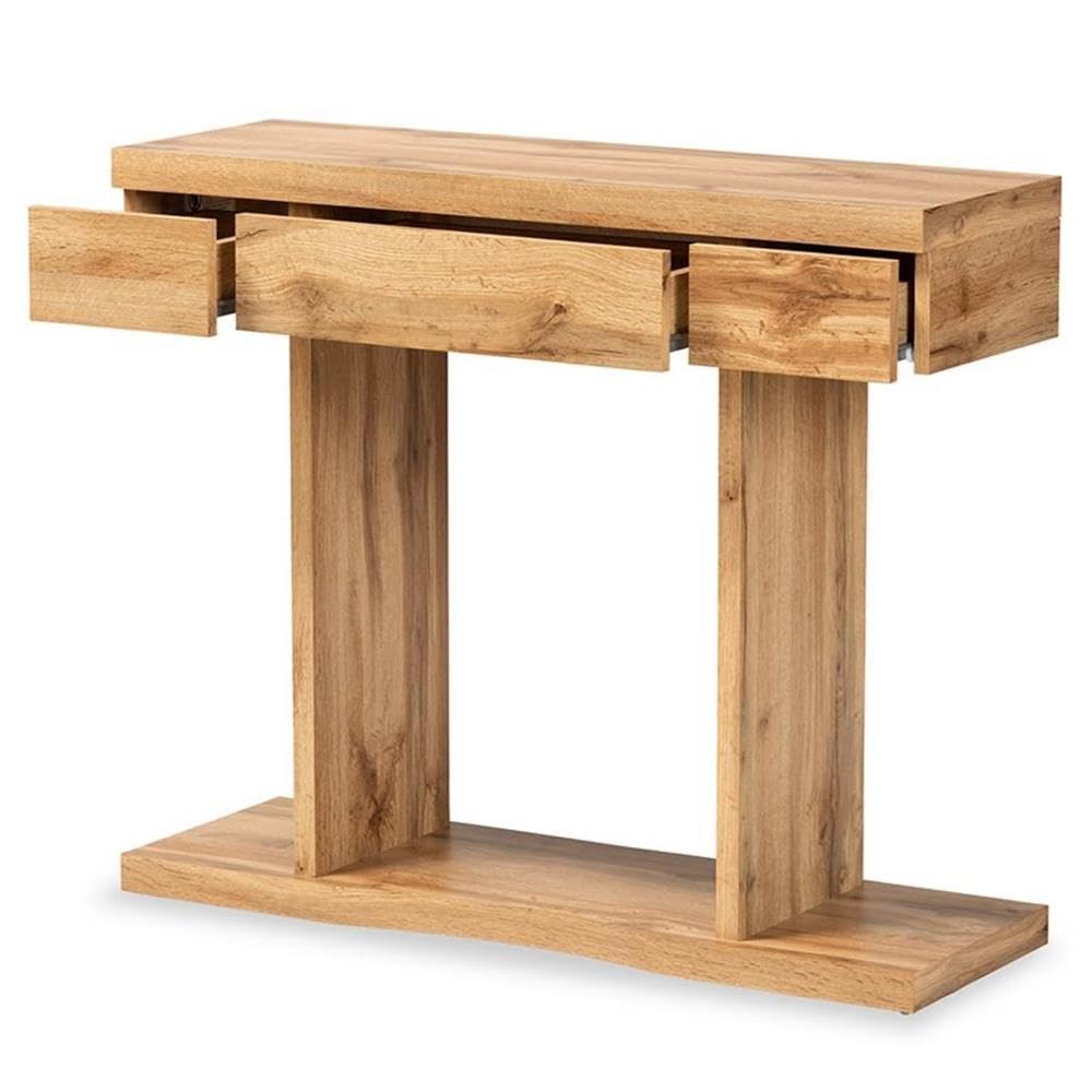 BOWERY HILL Oak Brown Finished Wood 3-Drawer Console Table - Entryway Sofa Table, Hallway Furniture, Living Room Storage Solution for Small Spaces