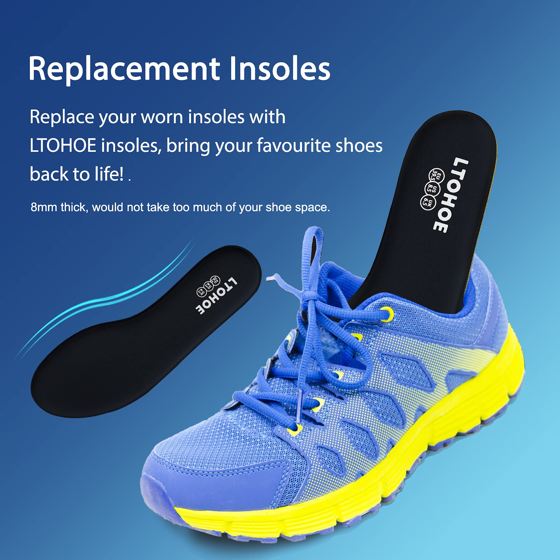 LTOHOE Women's Memory Foam Shoe Insoles - 8mm Cushioned Orthotic Inserts for Running, Hiking & Sneakers - Shock Absorbing Foot Support for Pain Relief (Black, US 6.5) - Perfect for Workouts, Walking & All-Day Comfort