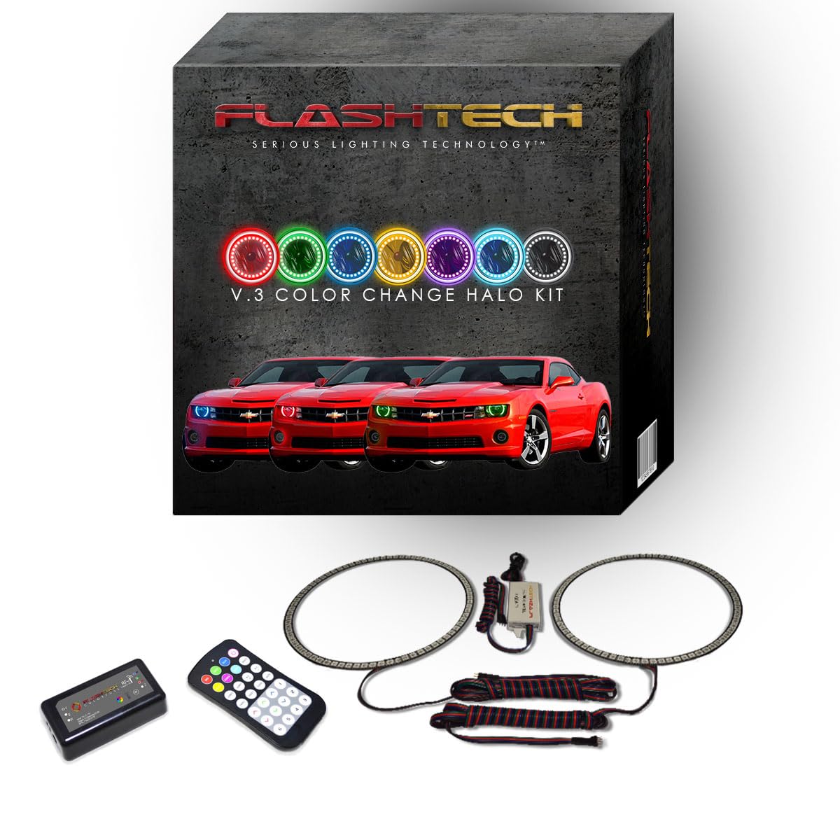 Flashtech LED RGB Multi-Color Halo Ring Headlight Kit with ColorFuse RF Remote for 2010-2013 Chevrolet Camaro - Custom Car Lighting for Night Driving & Car Shows