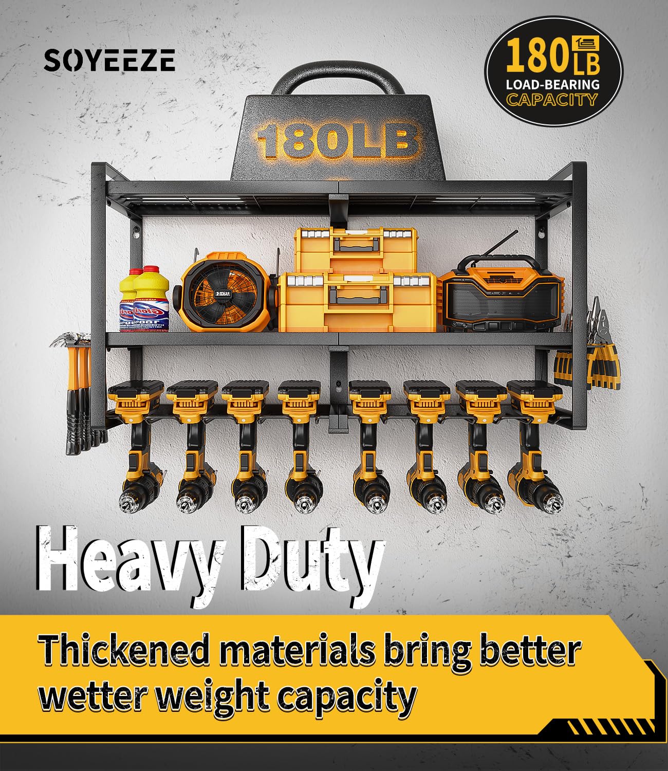 SOYEEZE Heavy Duty Power Tool Organizer with Charging Station - 8 Outlet Power Strip, Wall Mount Drill Holder & Storage Shelves for Garage Workshop - Perfect Father's Day Gift for DIY Enthusiasts & Handymen