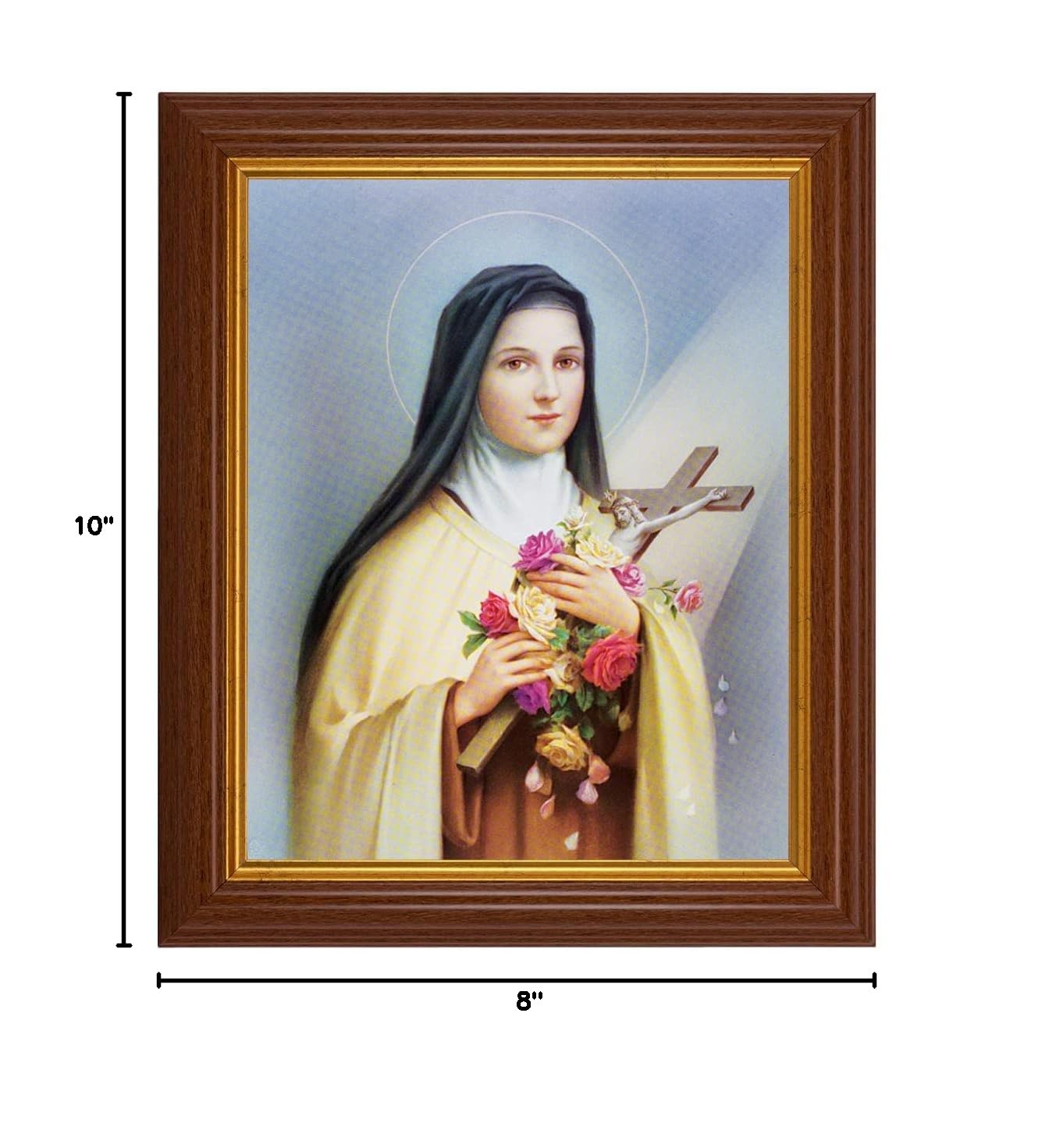 St. Therese Framed Wall Art - Large Traditional Dark Walnut Fluted Frame with Gold Beaded Edge - Catholic Home Decor for Living Room, Bedroom & Prayer Space