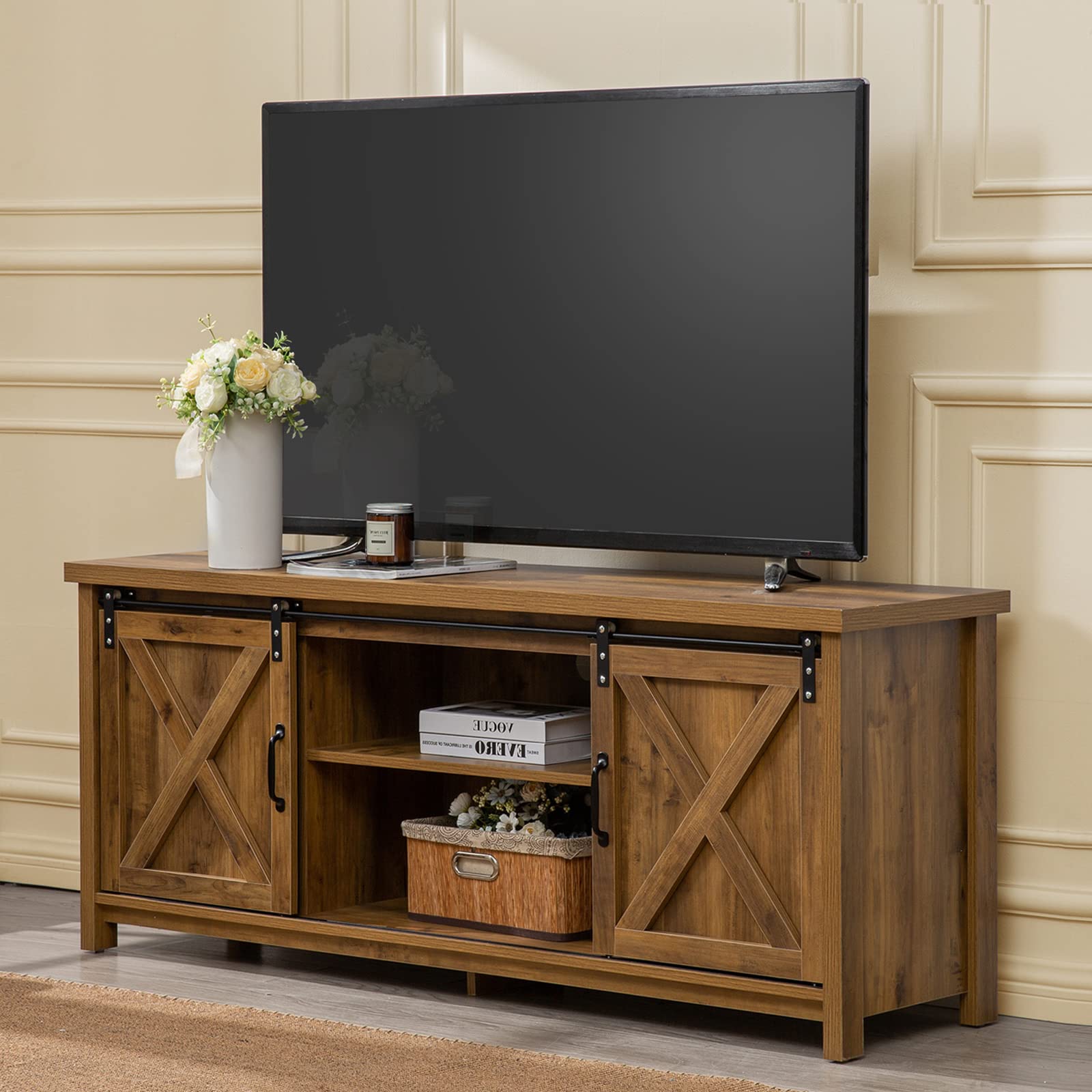 Modern Farmhouse TV Stand with Sliding Barn Doors - 65 Inch Rustic Media Console with 2-Tier Storage Cabinets - Entertainment Center for Living Room & Bedroom - Perfect for Farmhouse Decor & Cozy Home Theater Setup (Brown)
