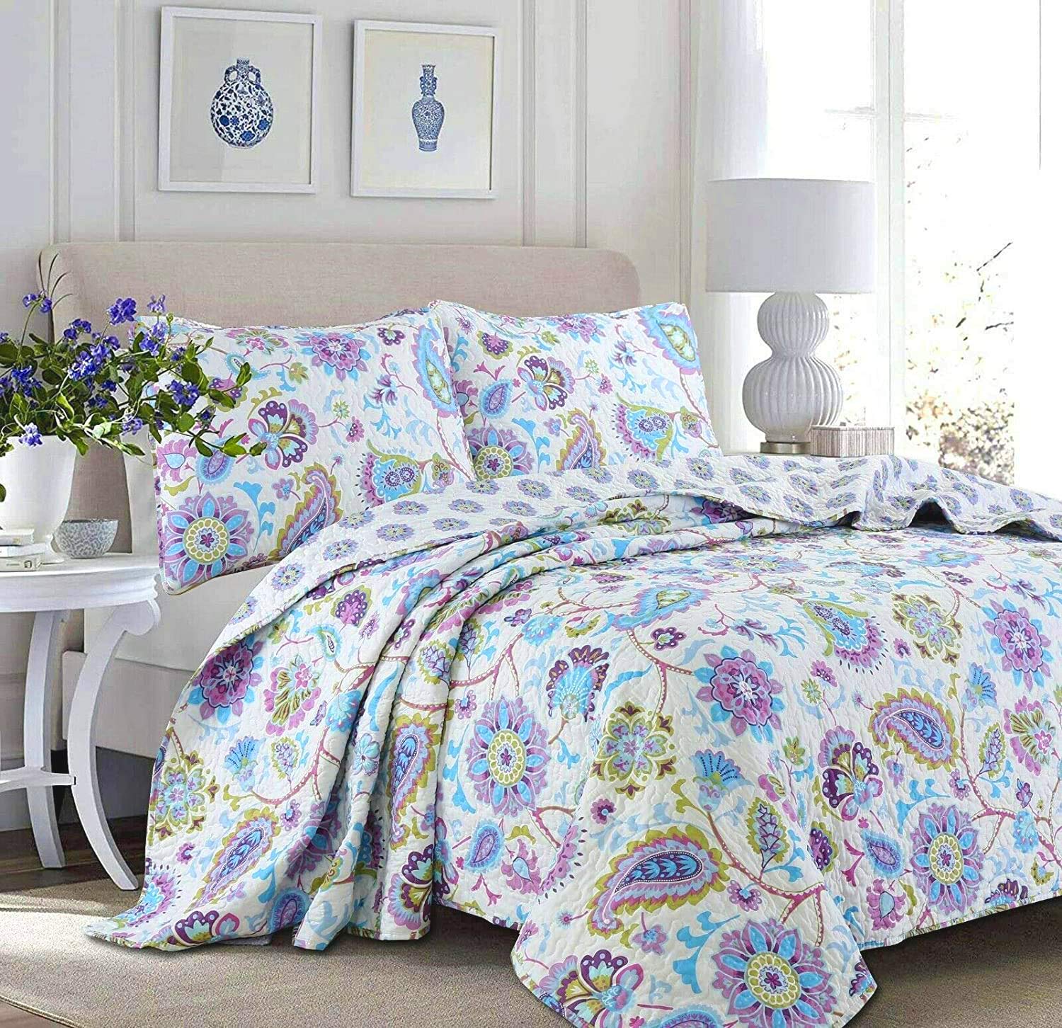 Cozy Line Home Fashions Lilac Lavender Purple Floral Paisley Reversible Quilt Bedding Set - King Size 3-Piece Lightweight All-Season Coverlet Bedspread | Perfect for Master Bedroom, Guest Room & Dorm Decor