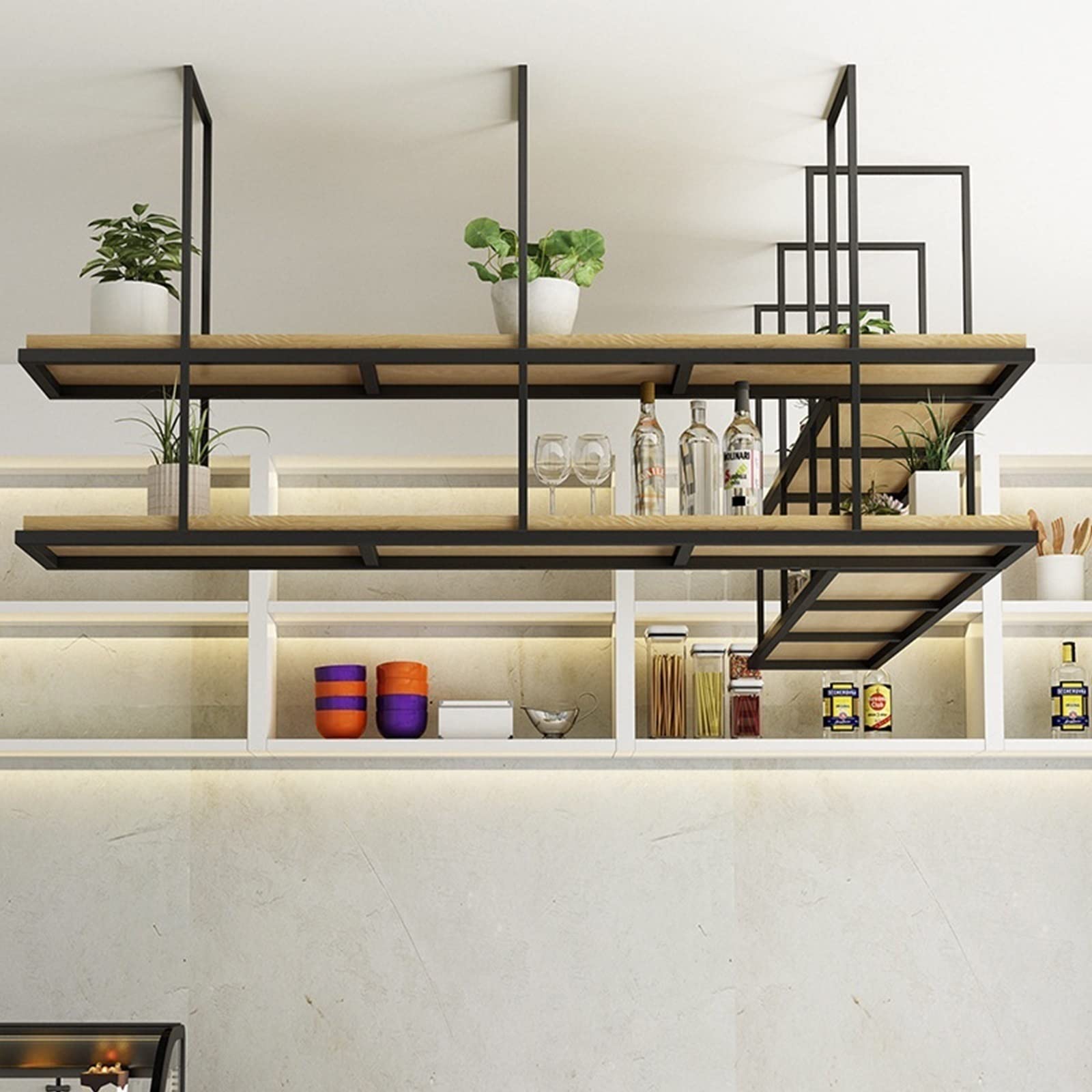 American Style Hanging Floating Shelf - Solid Wood Ceiling Wine Rack & Bookshelf, LOFT Wall Mounted Wrought Iron Plant Stand for Dining Room, Living Room, Bar Decor | Perfect for Wine Storage, Book Display & Indoor Plant Decorating