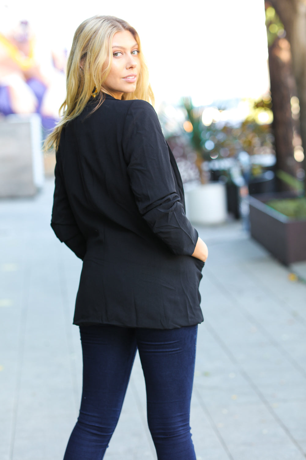 More To Love Black Notched Lapel Ruched Sleeve Blazer for Women - Elegant Office Wear & Evening Outfits | Plus Size Business Jacket for Work, Parties & Special Occasions