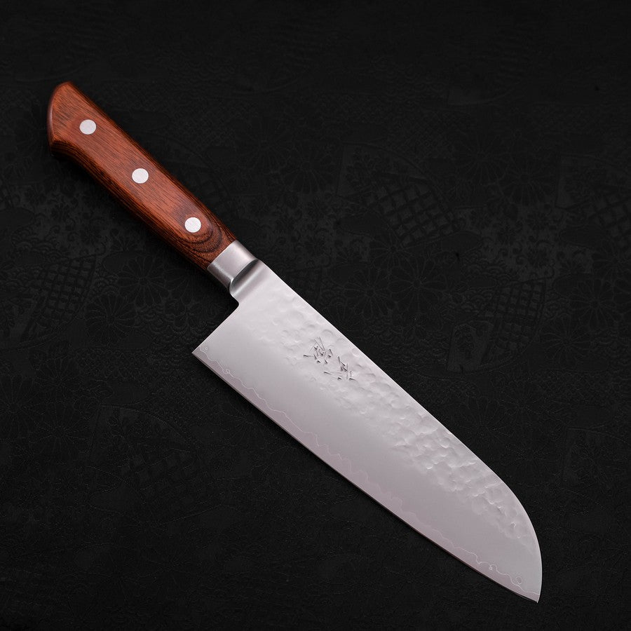 Premium Santoku Knife 7-inch VG-5 Stainless Steel with Tsuchime Hammered Finish & Mahogany Wood Handle - Perfect for Slicing, Dicing, and Chopping Vegetables, Meat, and Fish in Professional Kitchens and Home Cooking