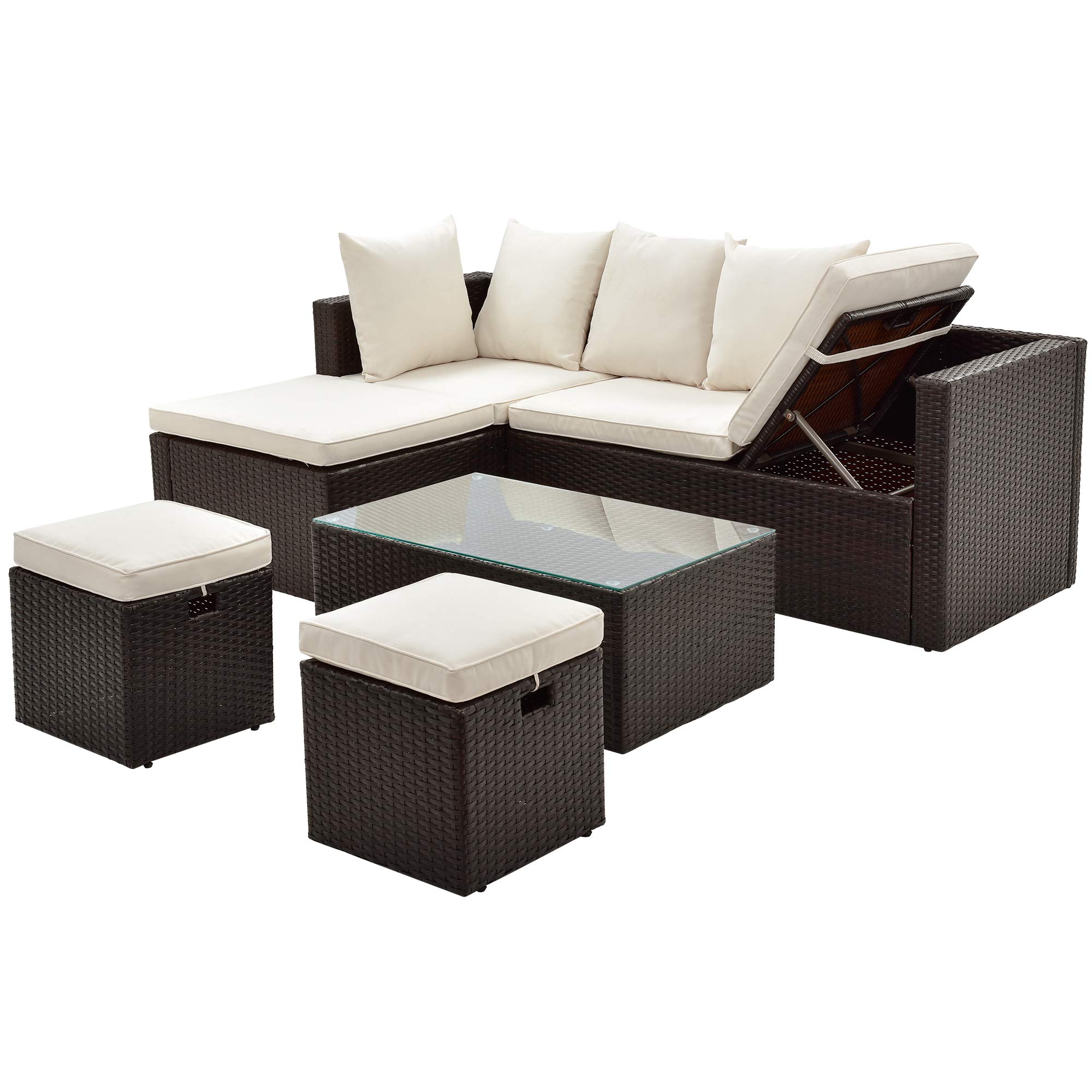 5-Piece Outdoor Rattan Patio Furniture Set with Comfortable Cushions & Glass Table - Brown Wicker & Beige Cushion (48.8