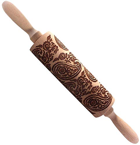 Paisley Wooden Rolling Pin - Fashion Embossed Baking Tool for Cookies, Pastries, Pizza & Fondant - Perfect for Wedding Gifts, Holidays & DIY Crafts - Ideal for Home Baking, Cake Decorating and Clay Modeling