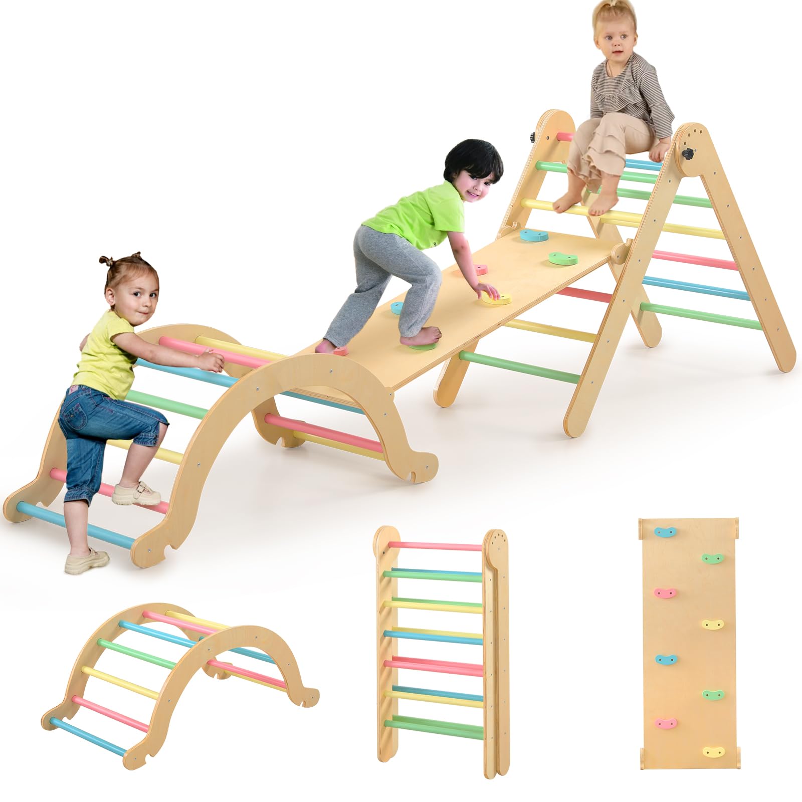 **7-in-1 Wooden Pikler Triangle Set for Toddlers – Montessori Foldable Climbing Gym with Arch, Ramp & Triangle – Indoor & Outdoor Play Equipment for Kids' Early Learning & Active Play**    *(Perfect for Home Playrooms, Daycares, Backyards & Montessori Classrooms – Encourages Motor Skills & Creative Play)*