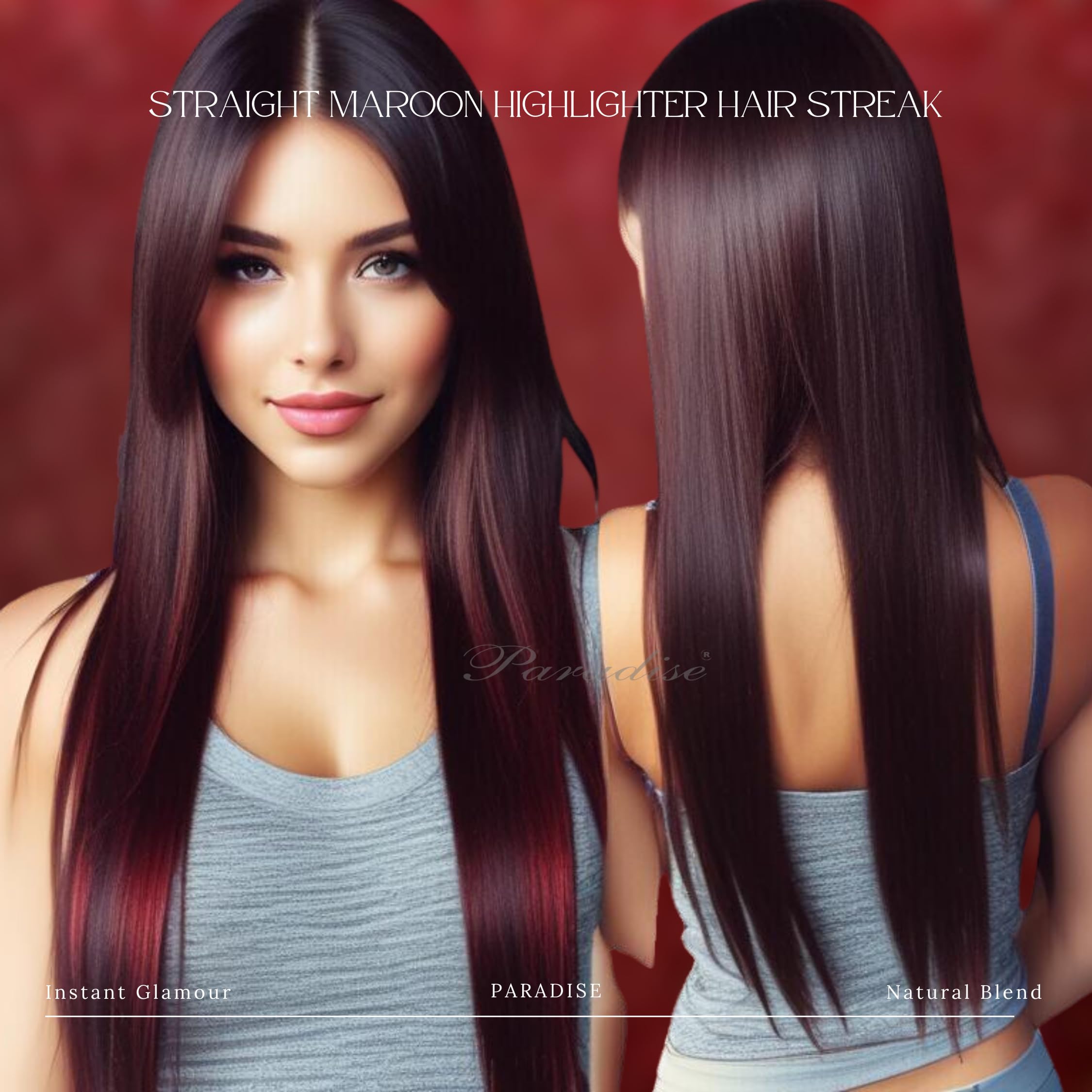 Paradise® 22 Inch Maroon Wine Clip-In Hair Extensions for Women - 2 Pack Straight Synthetic Hair Streaks for Girls, Party & Cosplay - Perfect for Halloween, Prom & Costume Events